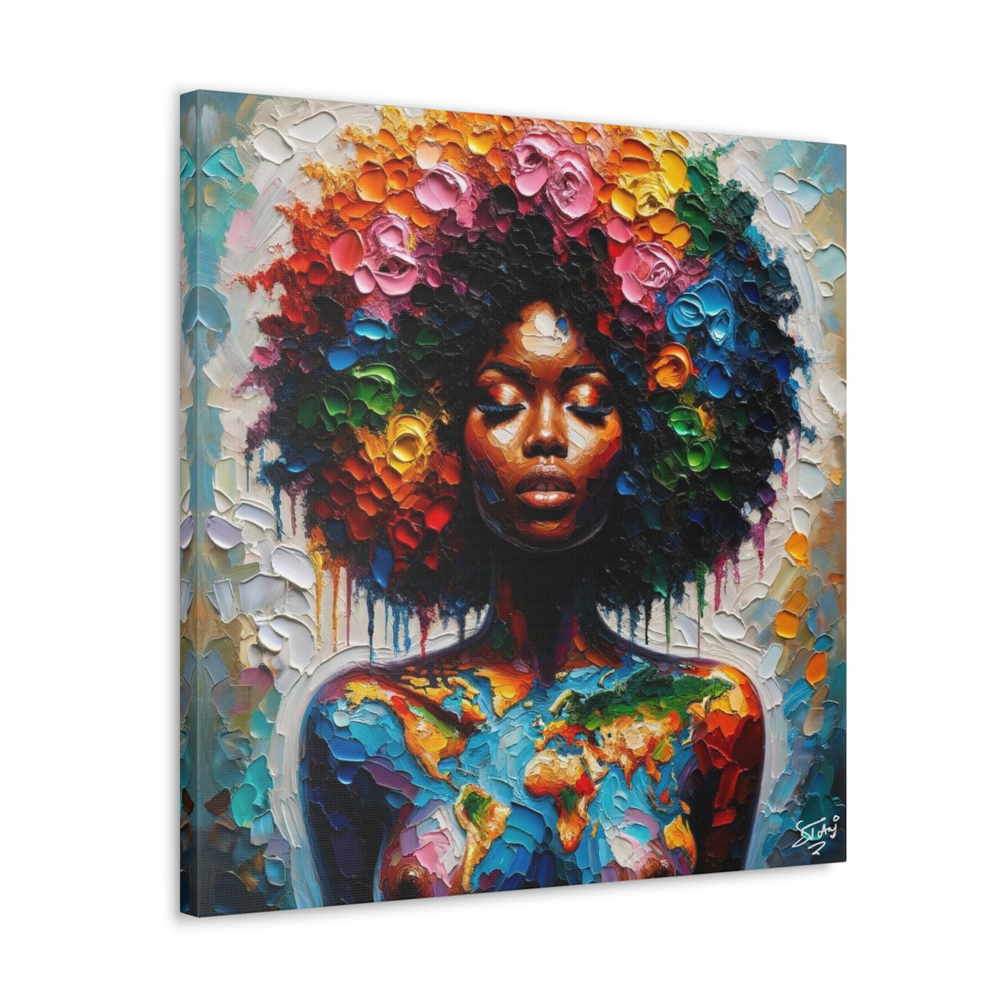 Art Print, Caribbean Woman "World Unity" Oil Finish, West Indian Ethnicity, Cultural, Heritage, Semi-Abstract, Canvas Gallery Wrap