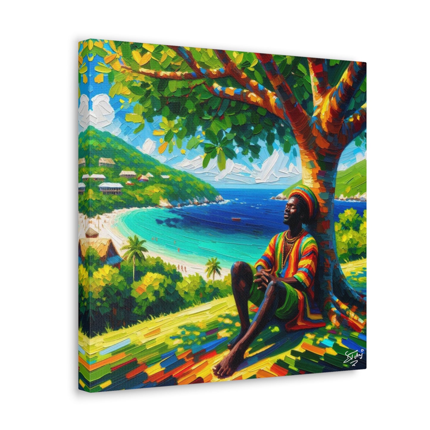 Art Print of Caribbean Man "Under the Tree," West Indian Art, Canvas Gallery Wraps