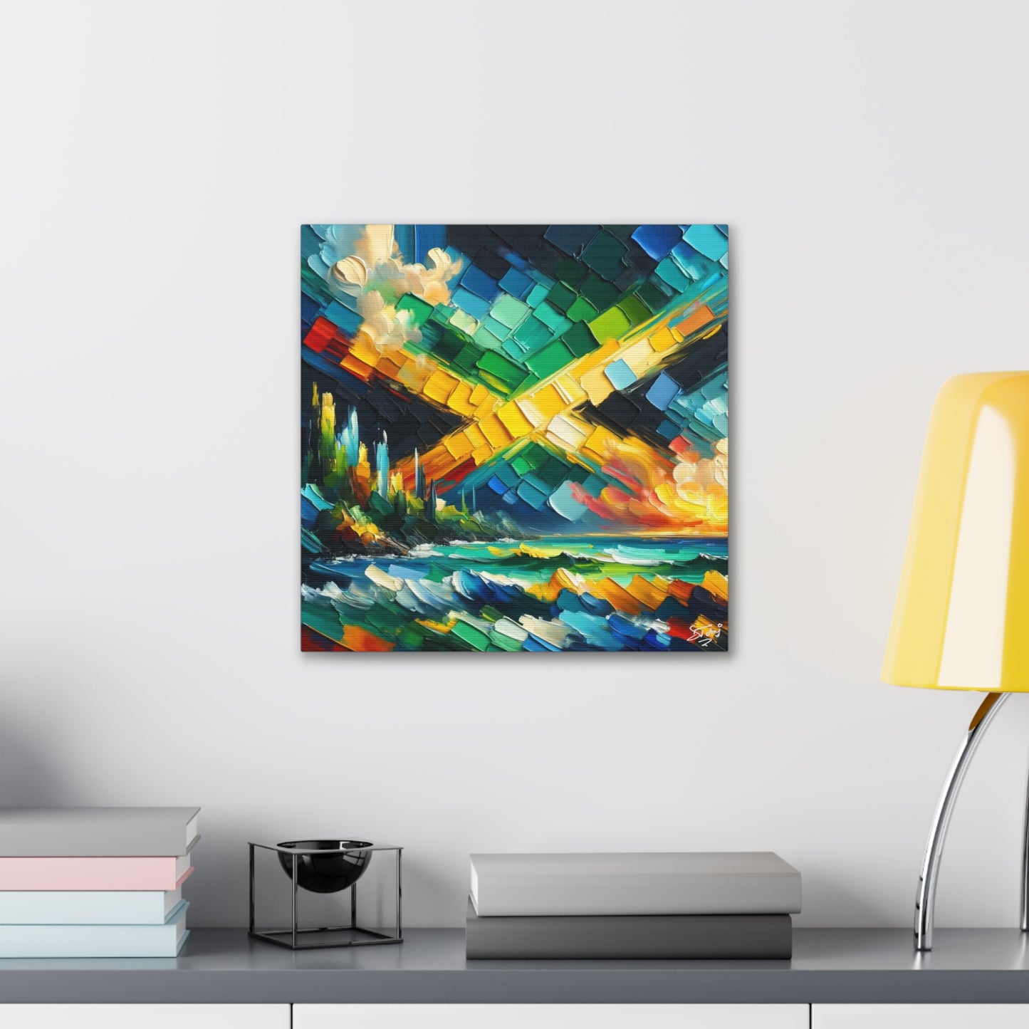 Art Print, Jamaica Abstract Scene, Oil Finish, Unity, One Love, Semi-Abstract, Canvas Gallery Wrap