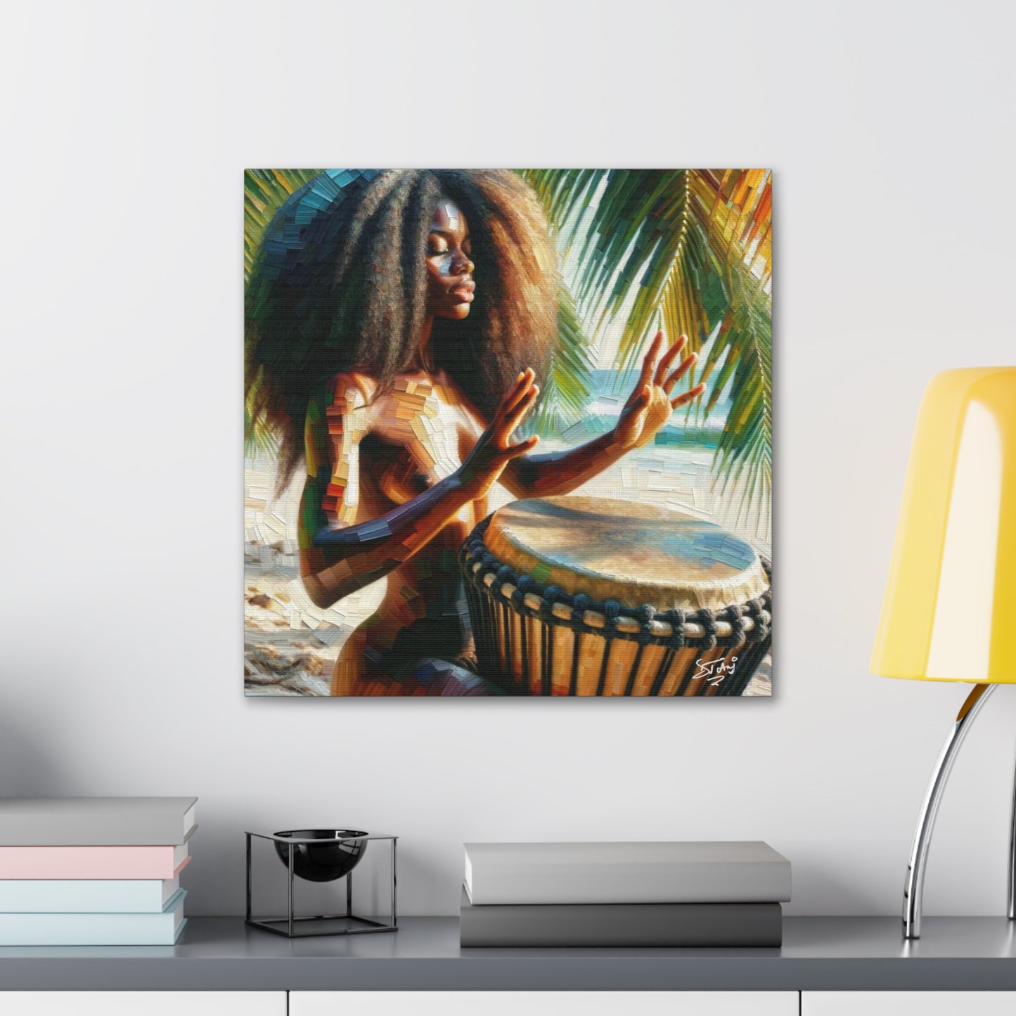 Art Print, Afro-Caribbean Woman, "Drumming" Oil Finish, West Indian Ethnicity, Cultural, Heritage, Abstract, Canvas Gallery Wrap