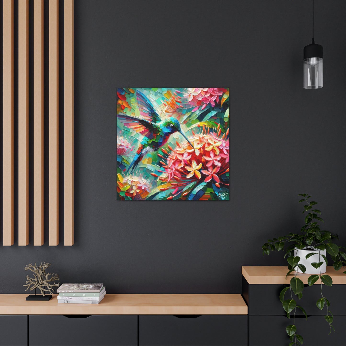 Art Print, Hummingbird, Oil Finish, Caribbean Nature, Cultural, Heritage, Semi-Abstract, Canvas Gallery Wrap