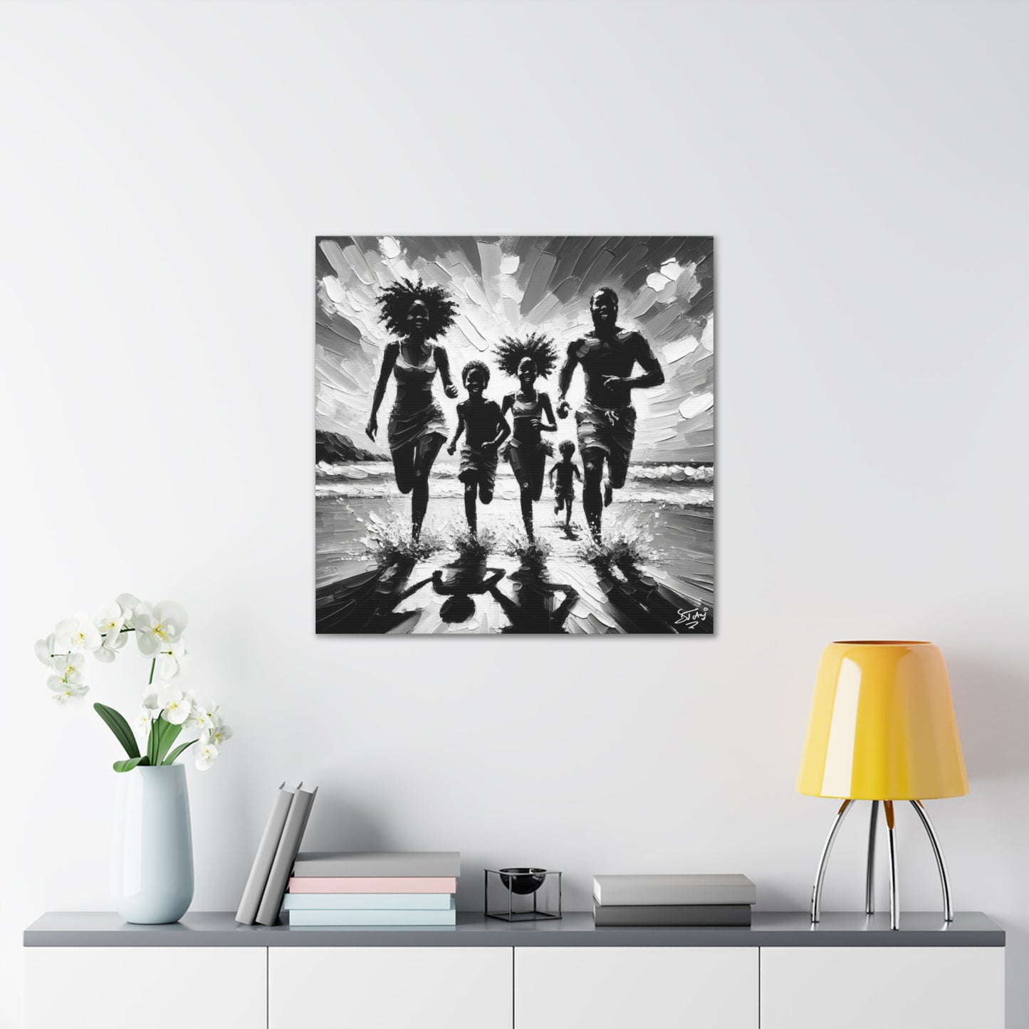 Art Print, Afro-Caribbean Family "Running on the Beach," Oil Finish, West Indian Ethnicity, Cultural, Heritage, Abstract, Canvas Gallery Wrap