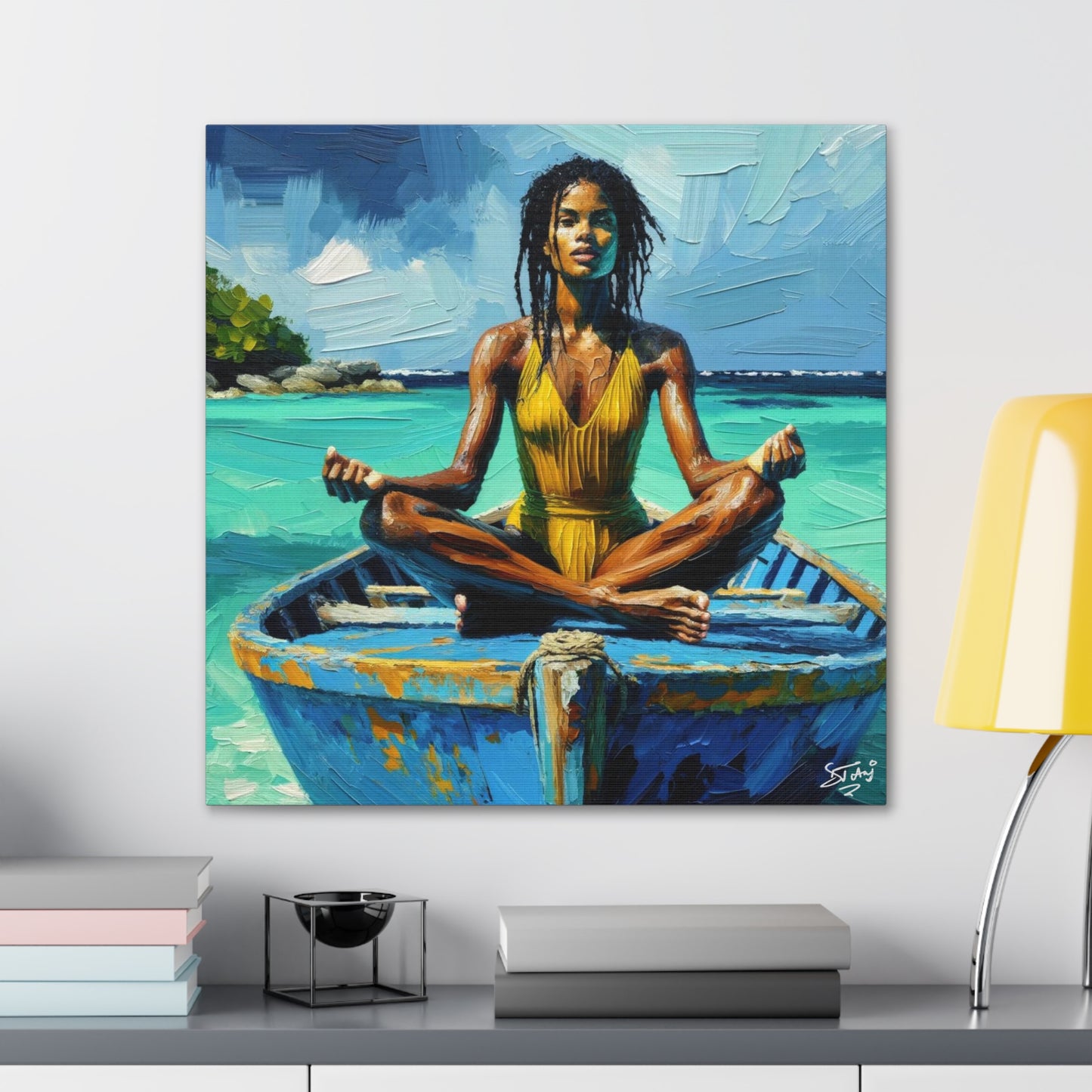 Art Print, Afro-Caribbean Woman "Chilling in the Boat (4)" Oil Finish, West Indian Ethnicity, Cultural, Heritage, Semi-Abstract, Canvas Gallery Wrap