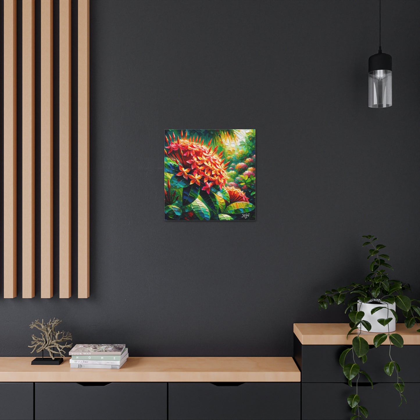 Art Print of Ixora Flowers, Oil Finish, West Indian Art, Canvas Gallery Wraps