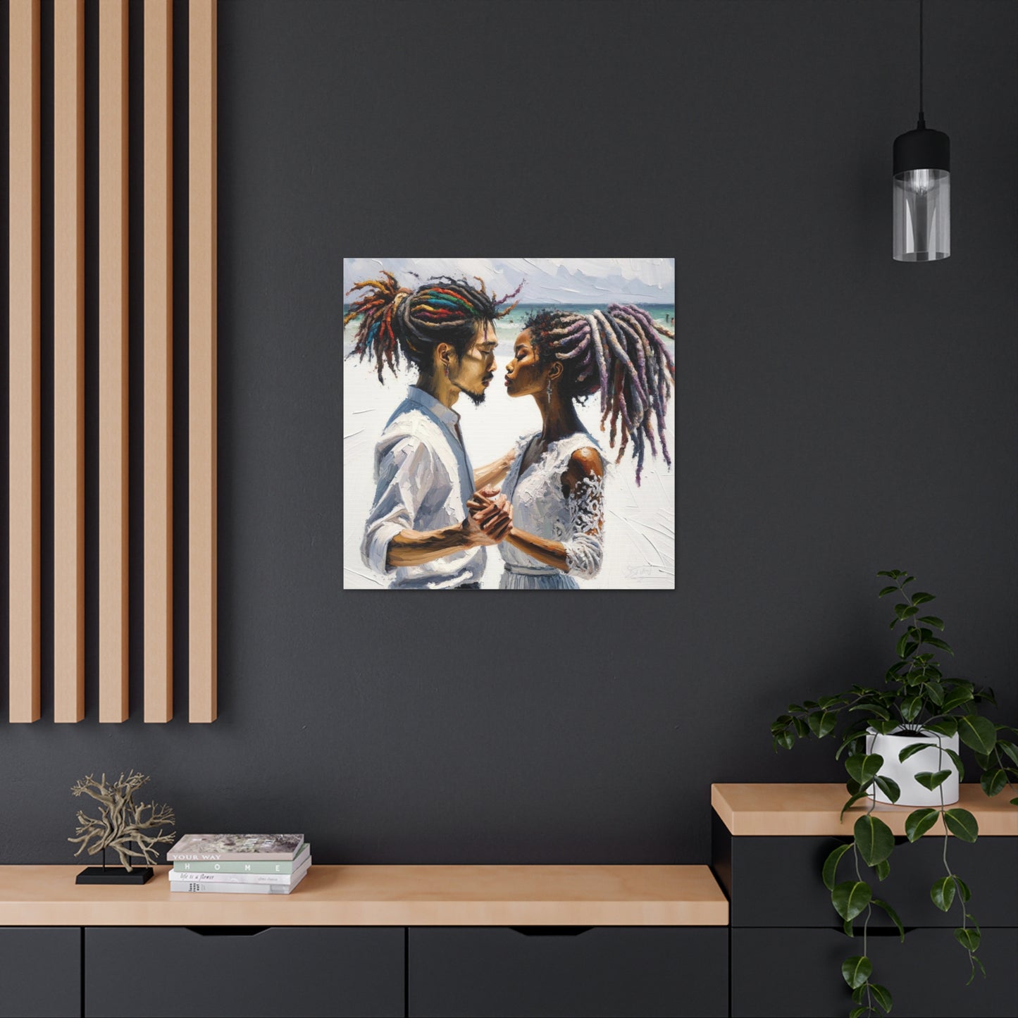 Art Print, Caribbean Couple, "Beach Wedding" Semi-Abstract Oil Finish, West Indian Ethnicity, Cultural, Heritage, Canvas Gallery Wrap