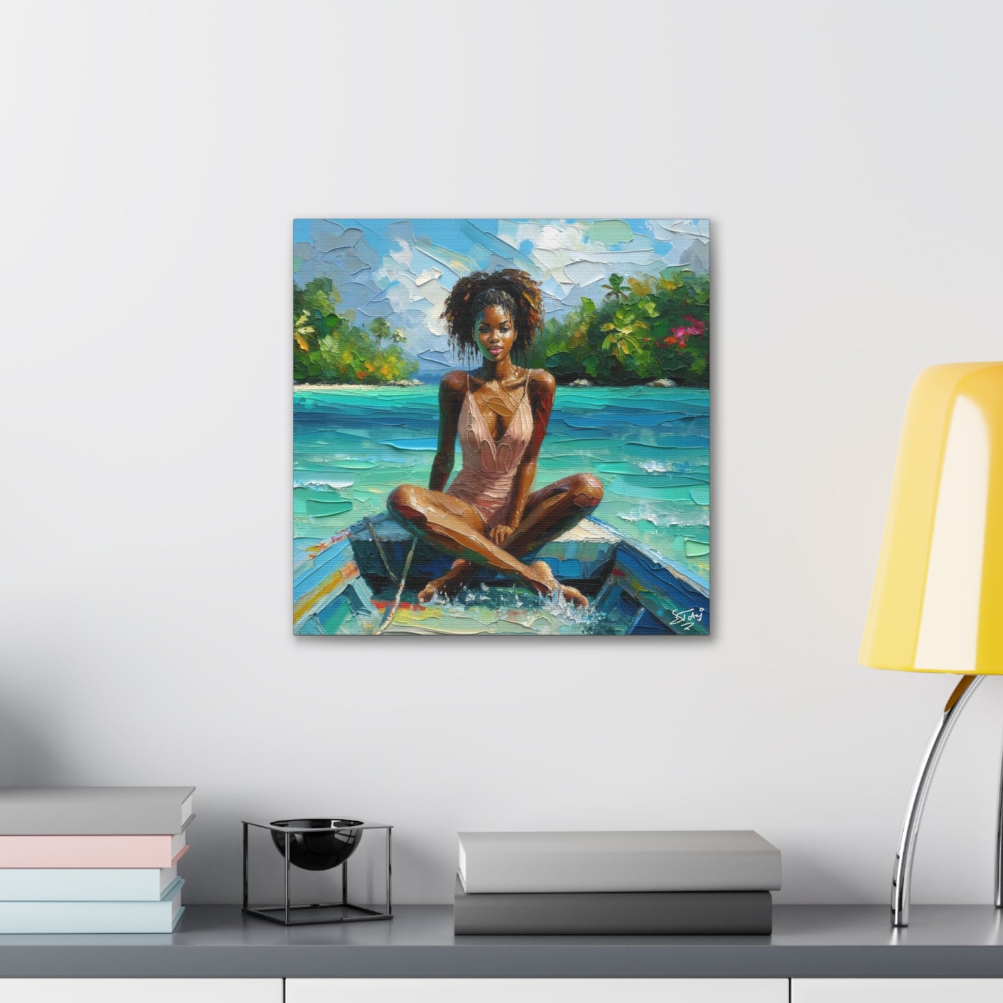 Art Print, Caribbean Woman "Chilling in the Boat" Oil Finish, West Indian Ethnicity, Cultural, Heritage, Semi-Abstract, Canvas Gallery Wrap