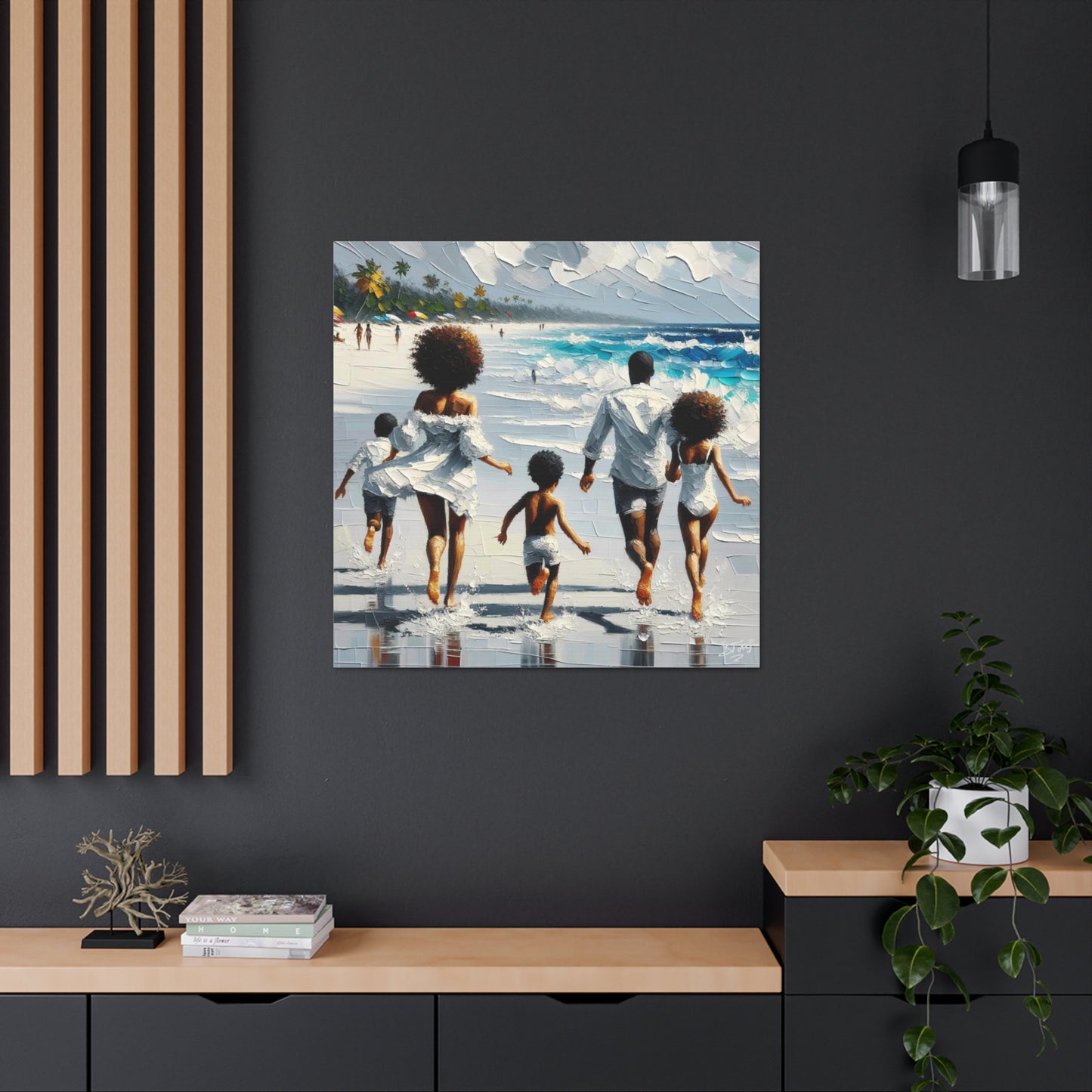 Art Print, Afro-Caribbean Family on the Beach, Oil Finish, West Indian Ethnicity, Cultural, Heritage, Semi-Abstract, Canvas Gallery Wrap