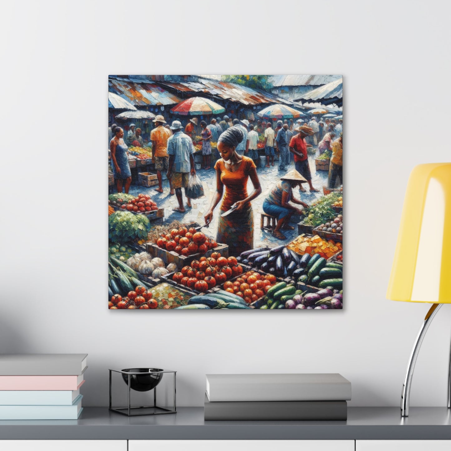 Art Print#4, "Selling at the Market", Market Scene in Trinidad, Caribbean, Oil Finish, West Indian Art, Canvas Gallery Wraps