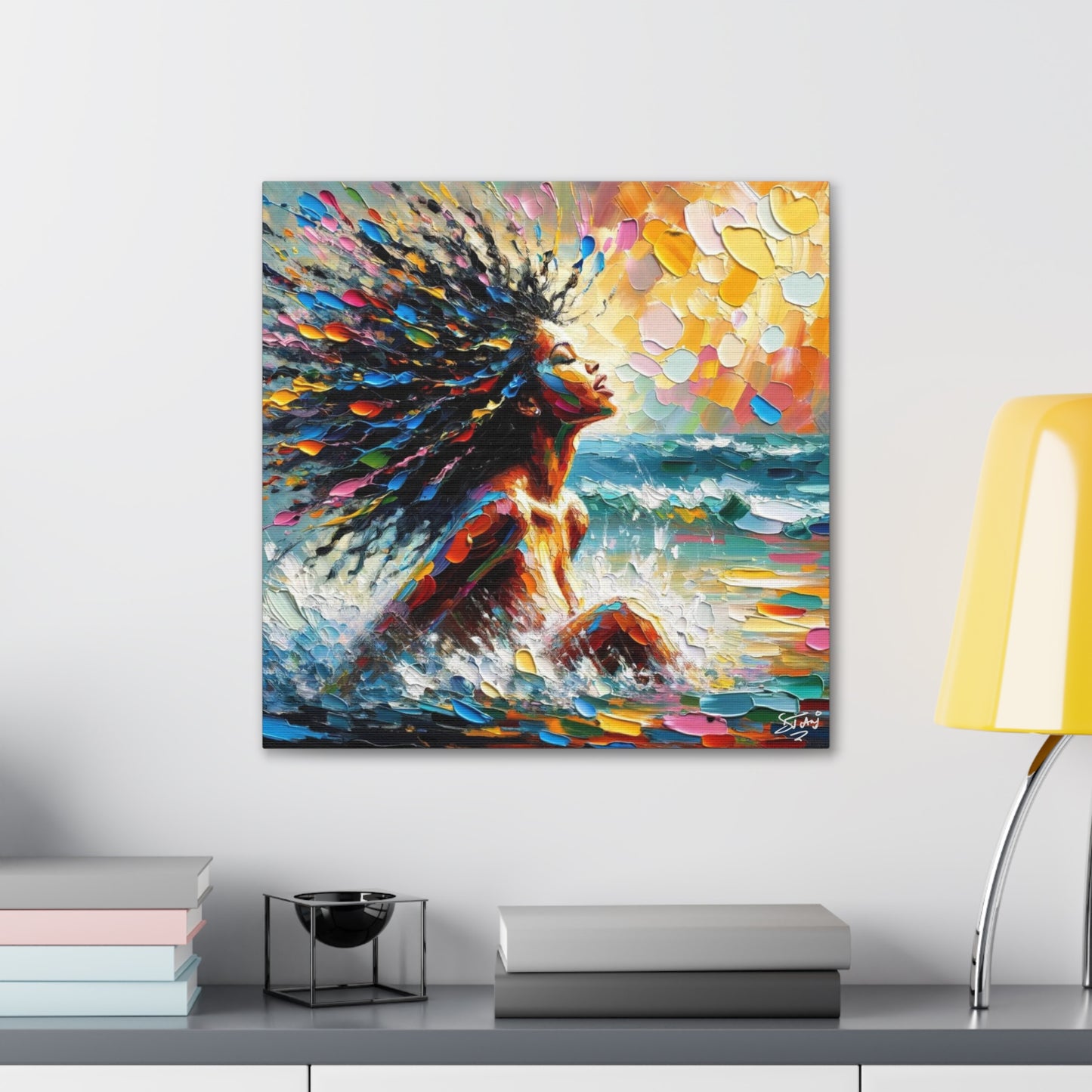 Art Print, Afro-Caribbean Woman, "Enjoying the Sunset" Abstract, Oil Finish, West Indian Ethnicity, Cultural, Heritage, Abstract, Canvas Gallery Wrap