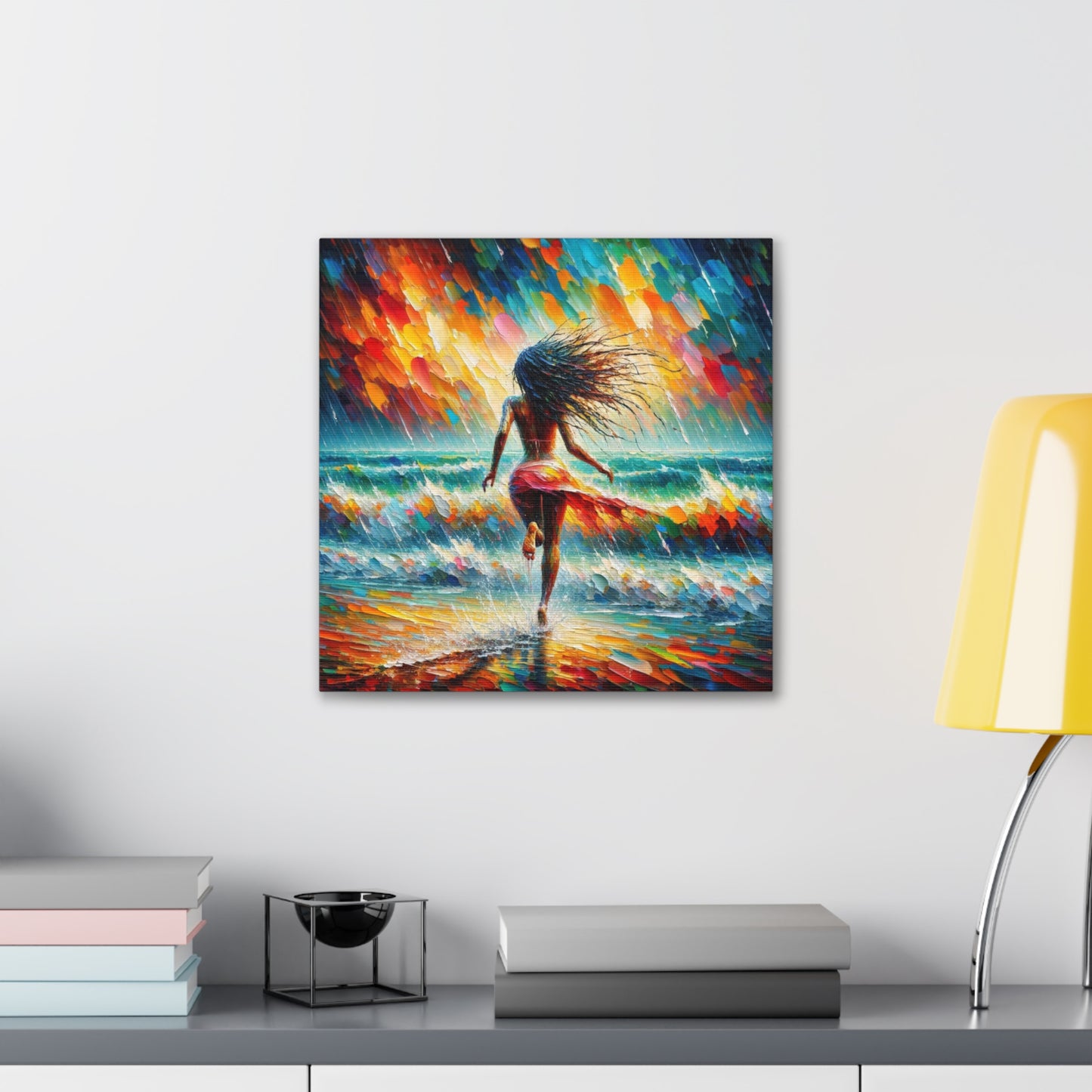 Art Print#6, East Indian Woman from Trinidad running into the Atlantic Ocean, Caribbean, Oil Finish, West Indian Art, Canvas Gallery Wraps