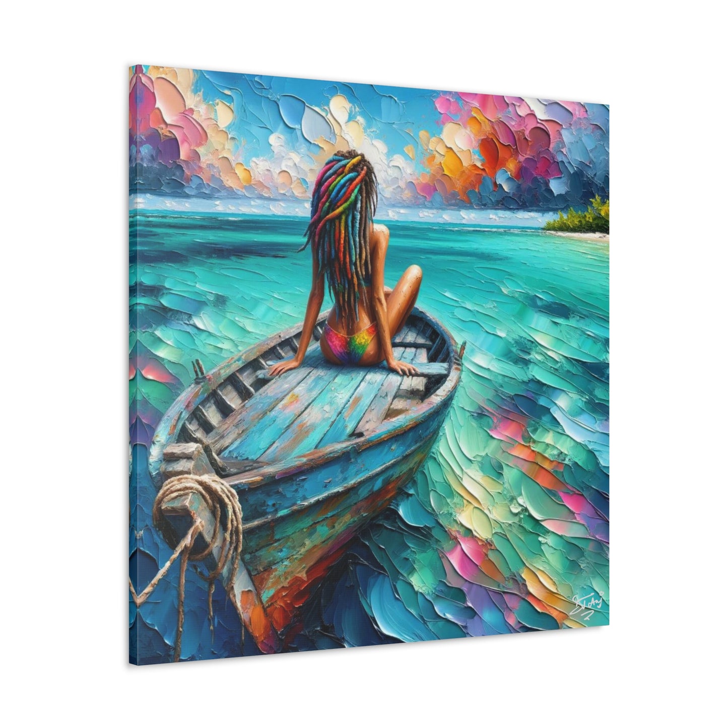 Art Print, Caribbean Woman "Chilling in the Boat" Oil Finish, West Indian Ethnicity, Cultural, Heritage, Semi-Abstract, Canvas Gallery Wrap