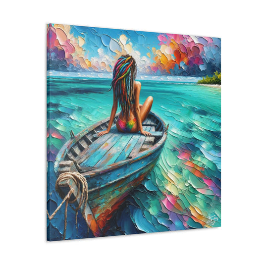 Art Print, Caribbean Woman "Chilling in the Boat" Oil Finish, West Indian Ethnicity, Cultural, Heritage, Semi-Abstract, Canvas Gallery Wrap