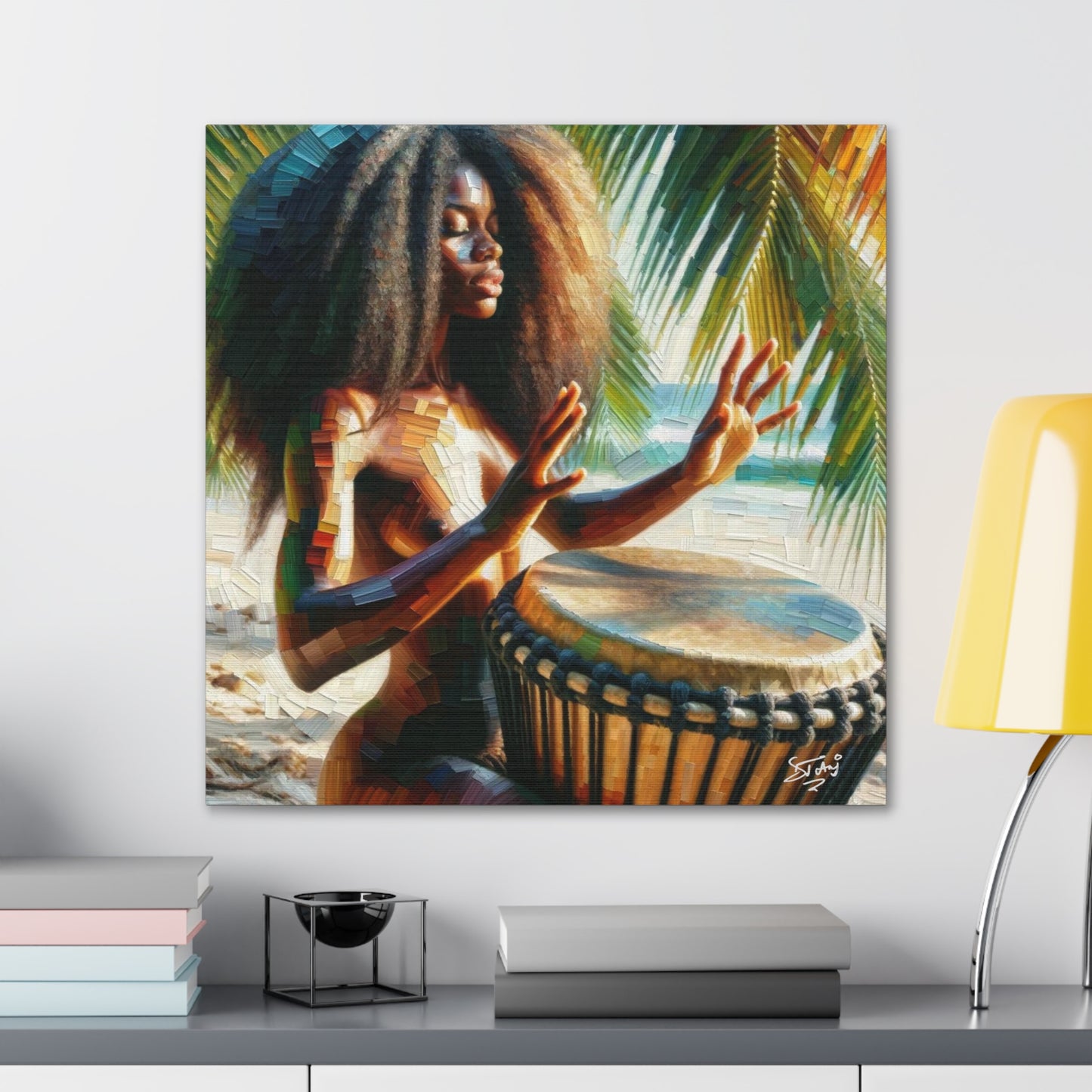 Art Print, Afro-Caribbean Woman, "Drumming" Oil Finish, West Indian Ethnicity, Cultural, Heritage, Abstract, Canvas Gallery Wrap