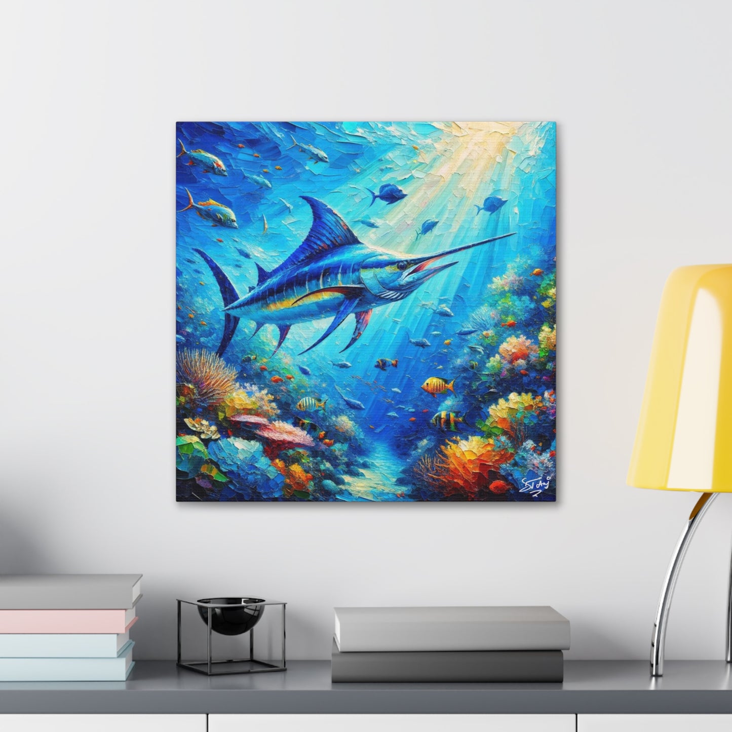 Art Print, Blue Marlin in Coral Reef, Oil Finish, Caribbean Nature, Semi-Abstract, Canvas Gallery Wrap