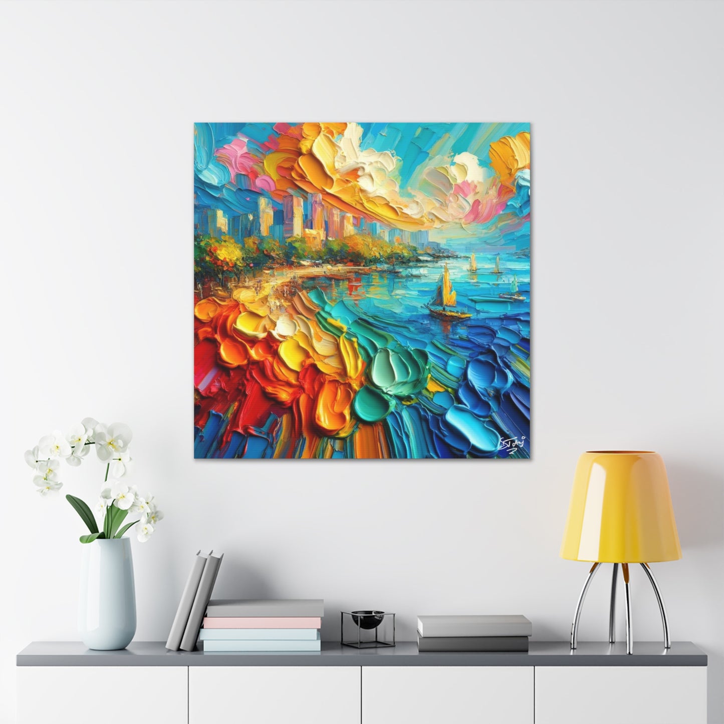 Art Print of Caribbean Beach Scene, Abstract, Oil Painting, West Indian Art, Canvas Gallery Wraps