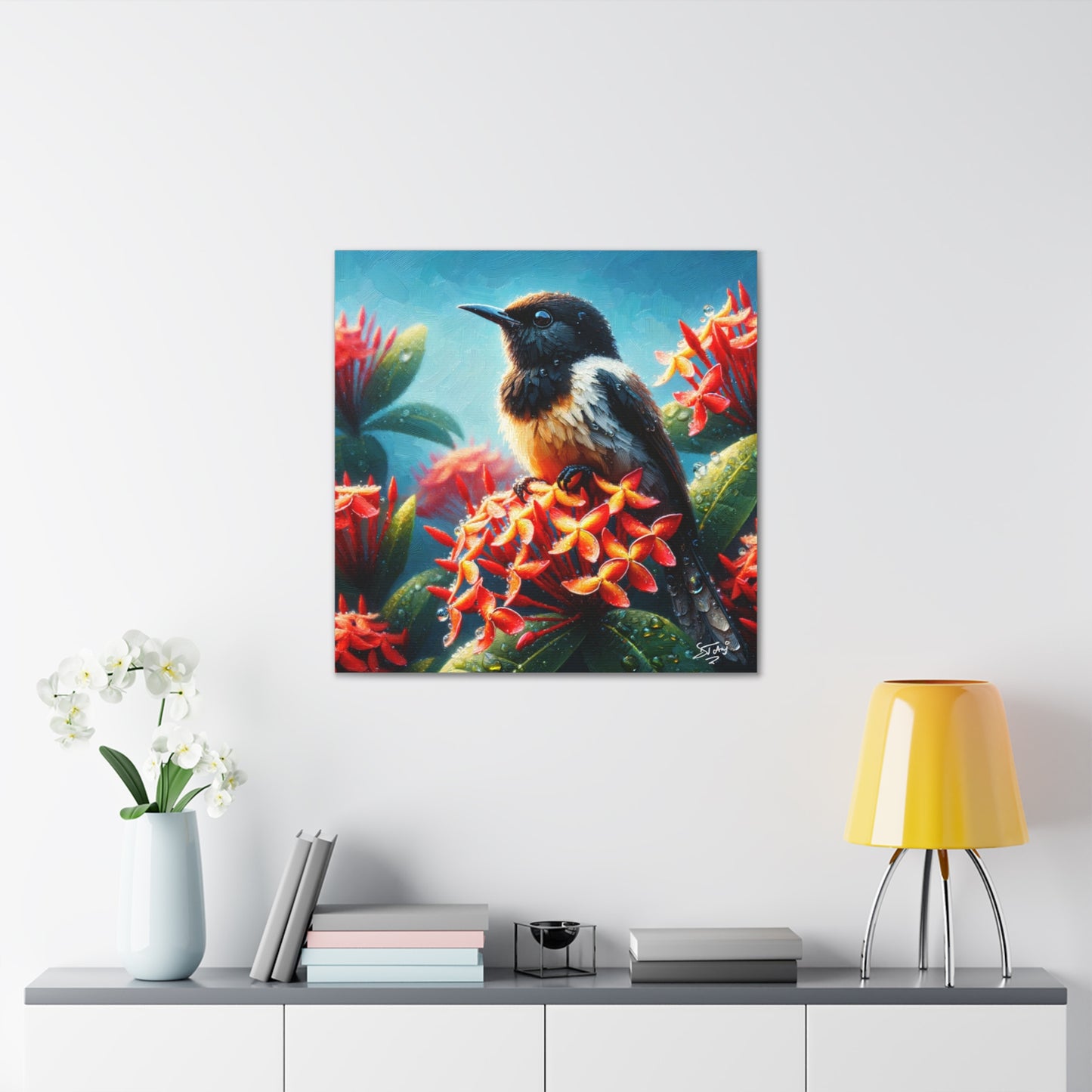 Print of Redstart Perched on Ixora Flower, Oil Paint Finish, Caribbean, Tropical, Canvas Gallery Wraps