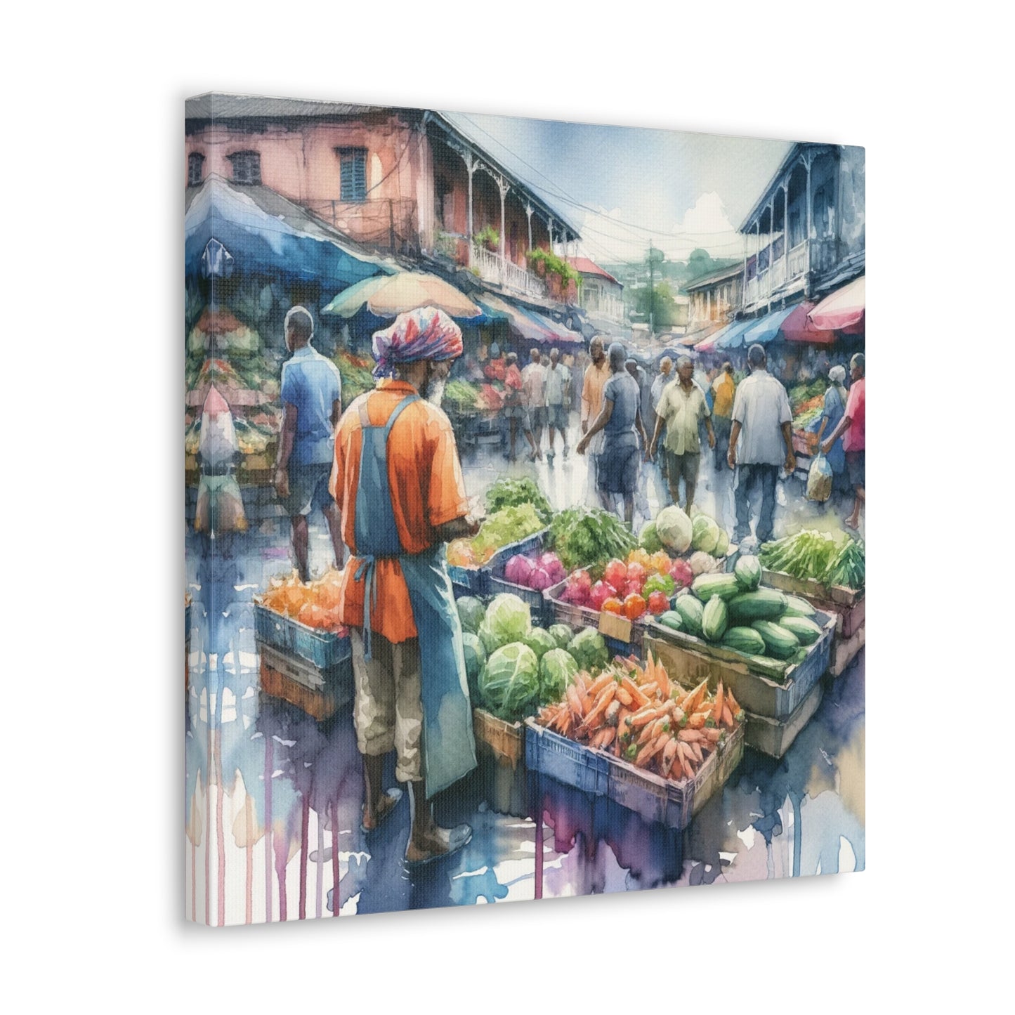 Art Print#2, "Selling at the Market", Market Scene in Trinidad, Caribbean, Watercolor Finish, West Indian Art, Canvas Gallery Wraps