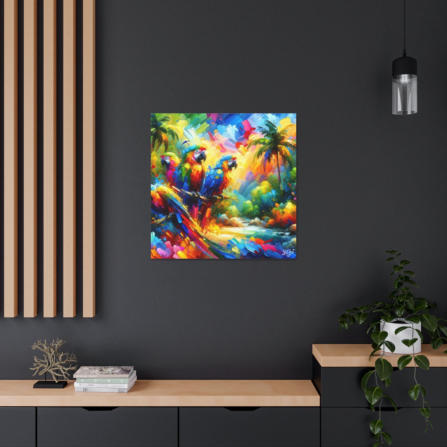 Art Print, The Parrots, Oil Finish, Caribbean Nature, Cultural, Heritage, Semi-Abstract, Canvas Gallery Wrap