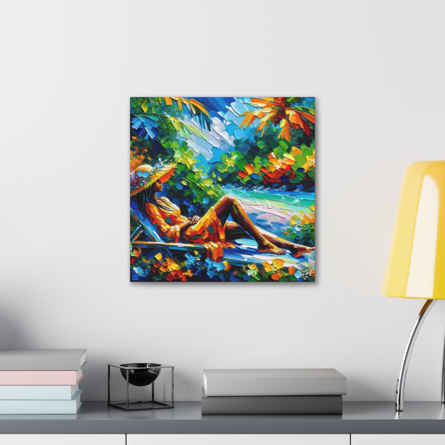 Art Print, Afro-Caribbean Woman, "Relaxing" Oil Finish, West Indian Ethnicity, Cultural, Heritage, Abstract, Canvas Gallery Wrap