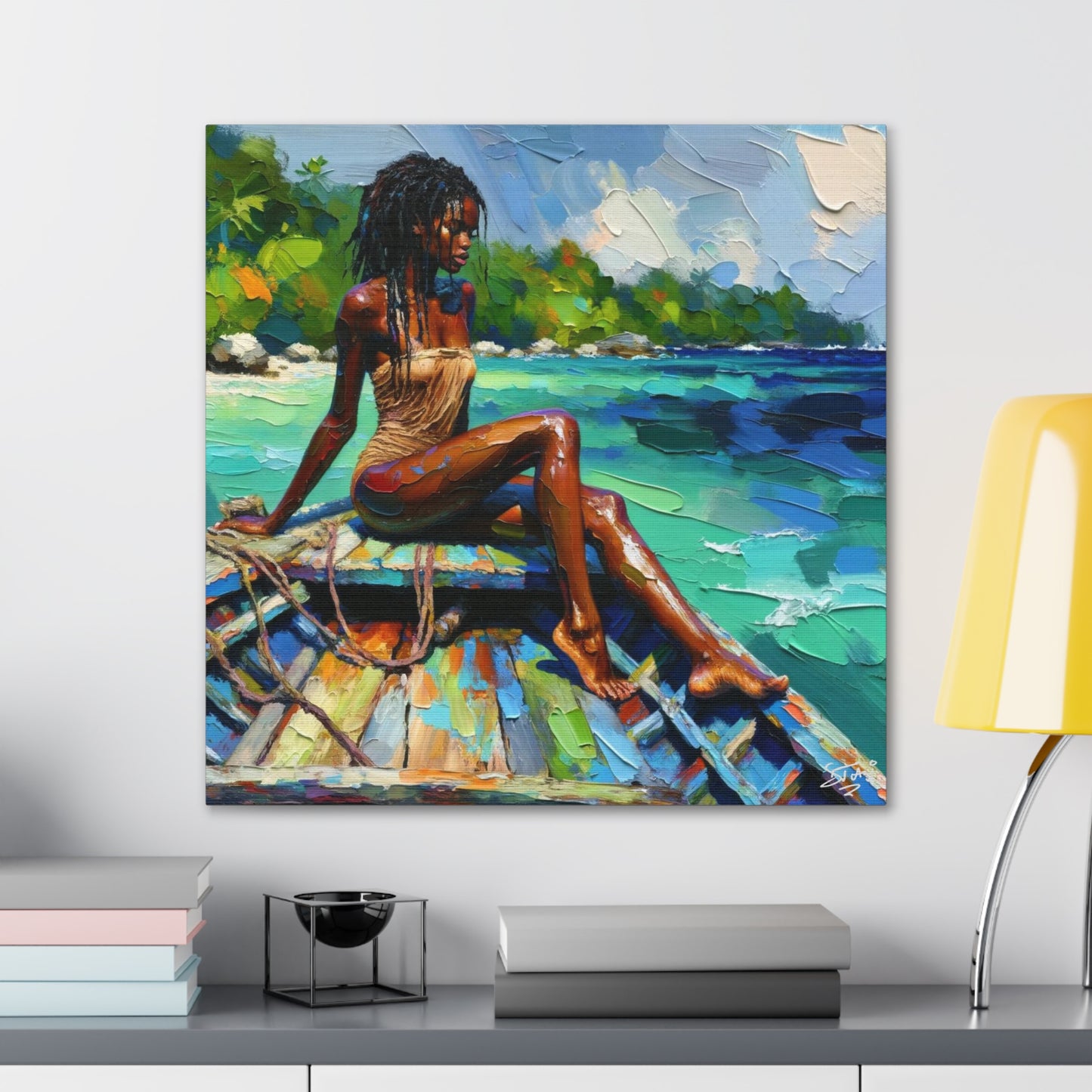 Art Print, Caribbean Woman "Chilling in the Boat" Oil Finish, West Indian Ethnicity, Cultural, Heritage, Semi-Abstract, Canvas Gallery Wrap