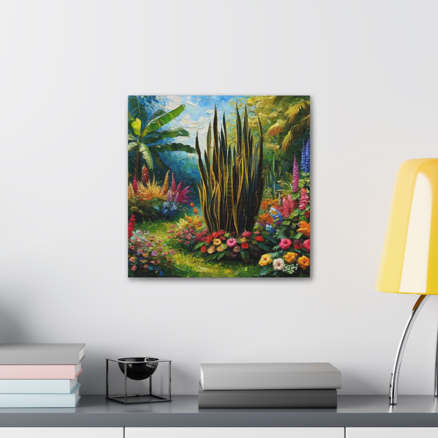 Art Print of Snake Plant in Tropical Flower Garden, Oil Finish, West Indian Art, Canvas Gallery Wraps