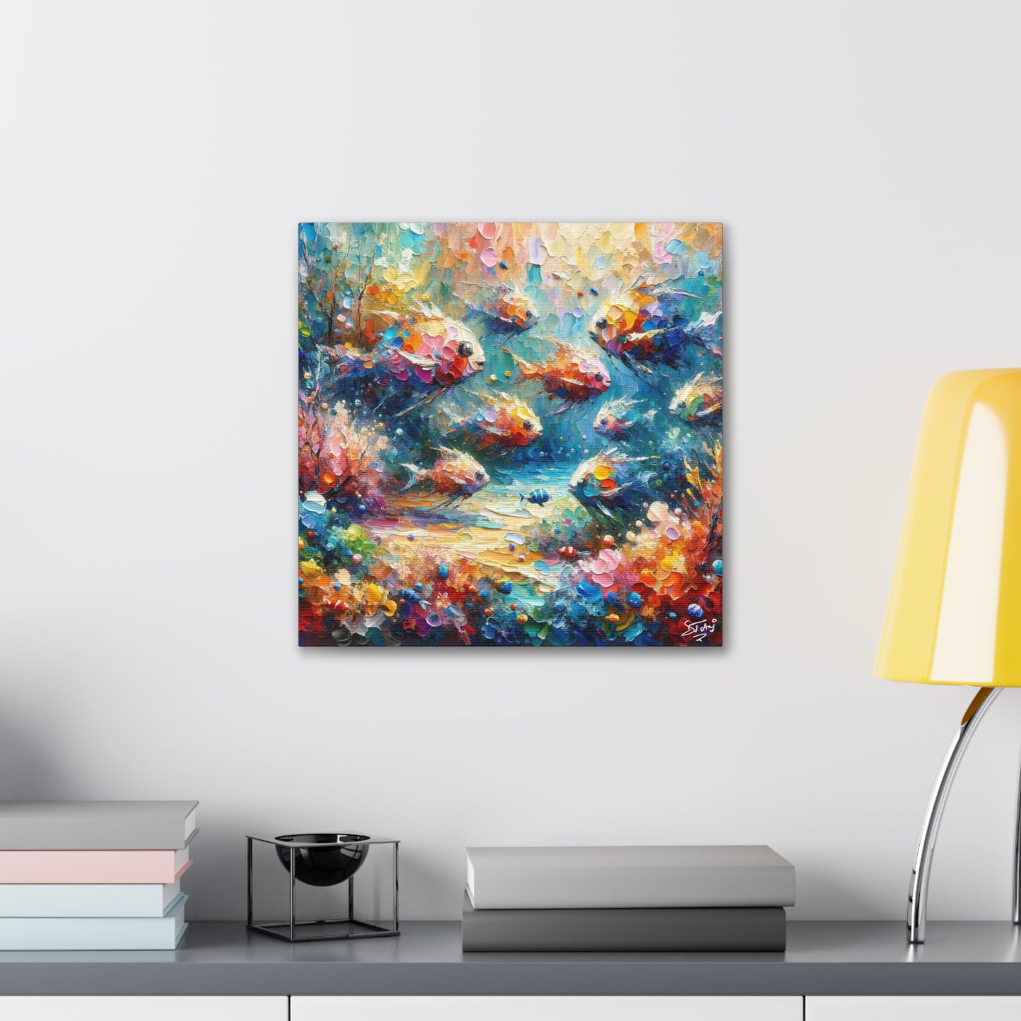 Art Print, Fishes in Coral Reef, Oil Finish, Caribbean Nature, Semi-Abstract, Canvas Gallery Wrap