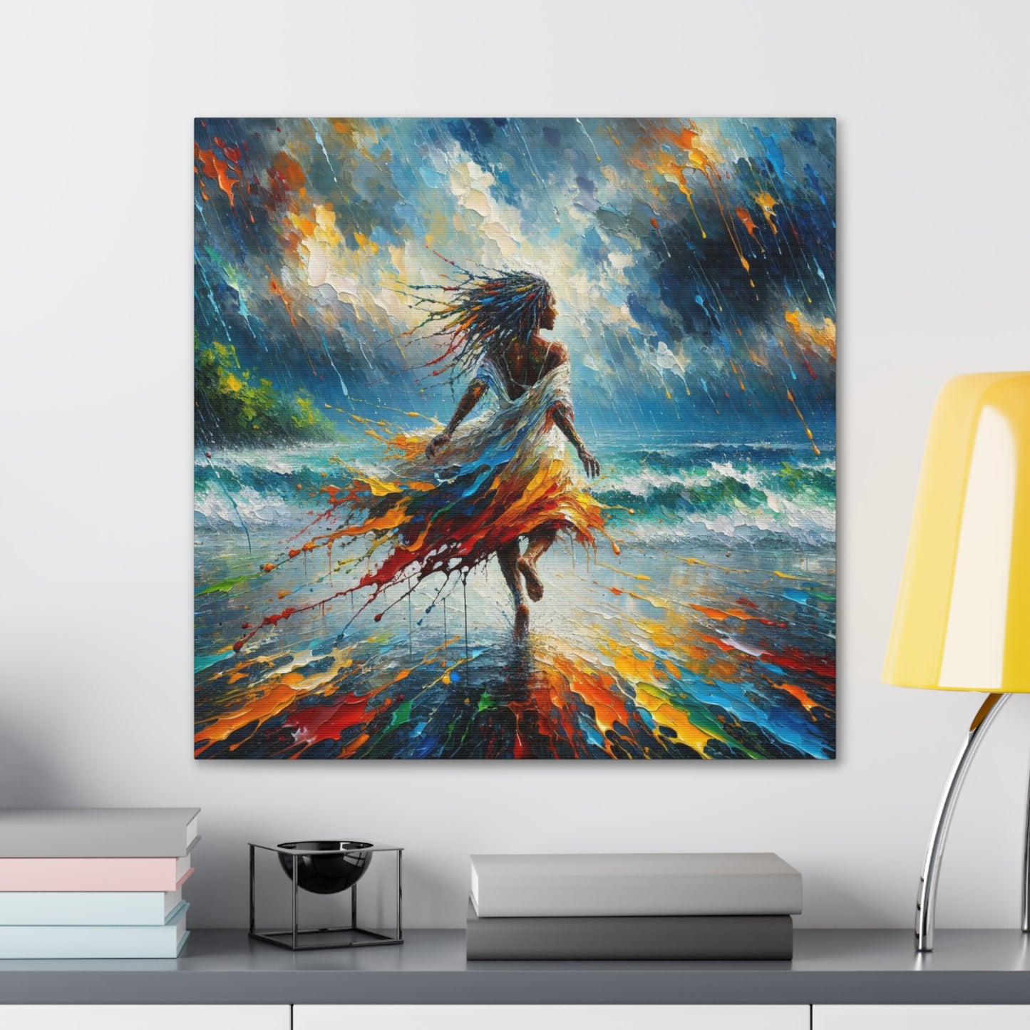 Art Print#4, East Indian Woman from Trinidad running into the Atlantic Ocean, Caribbean, Oil Finish, West Indian Art, Canvas Gallery Wraps