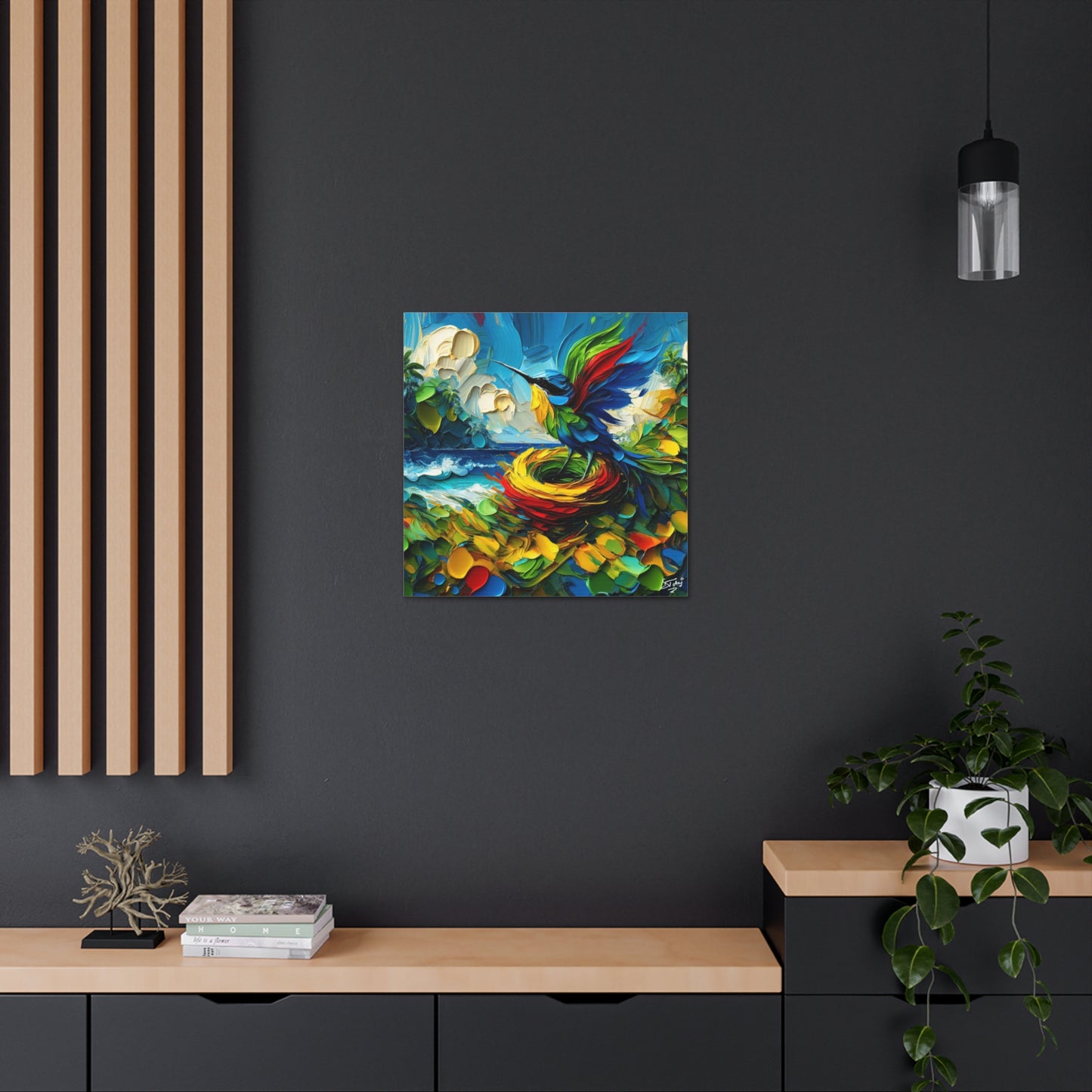 Art Print, Hummingbird, Oil Finish, Caribbean Nature, Cultural, Heritage, Semi-Abstract, Canvas Gallery Wrap