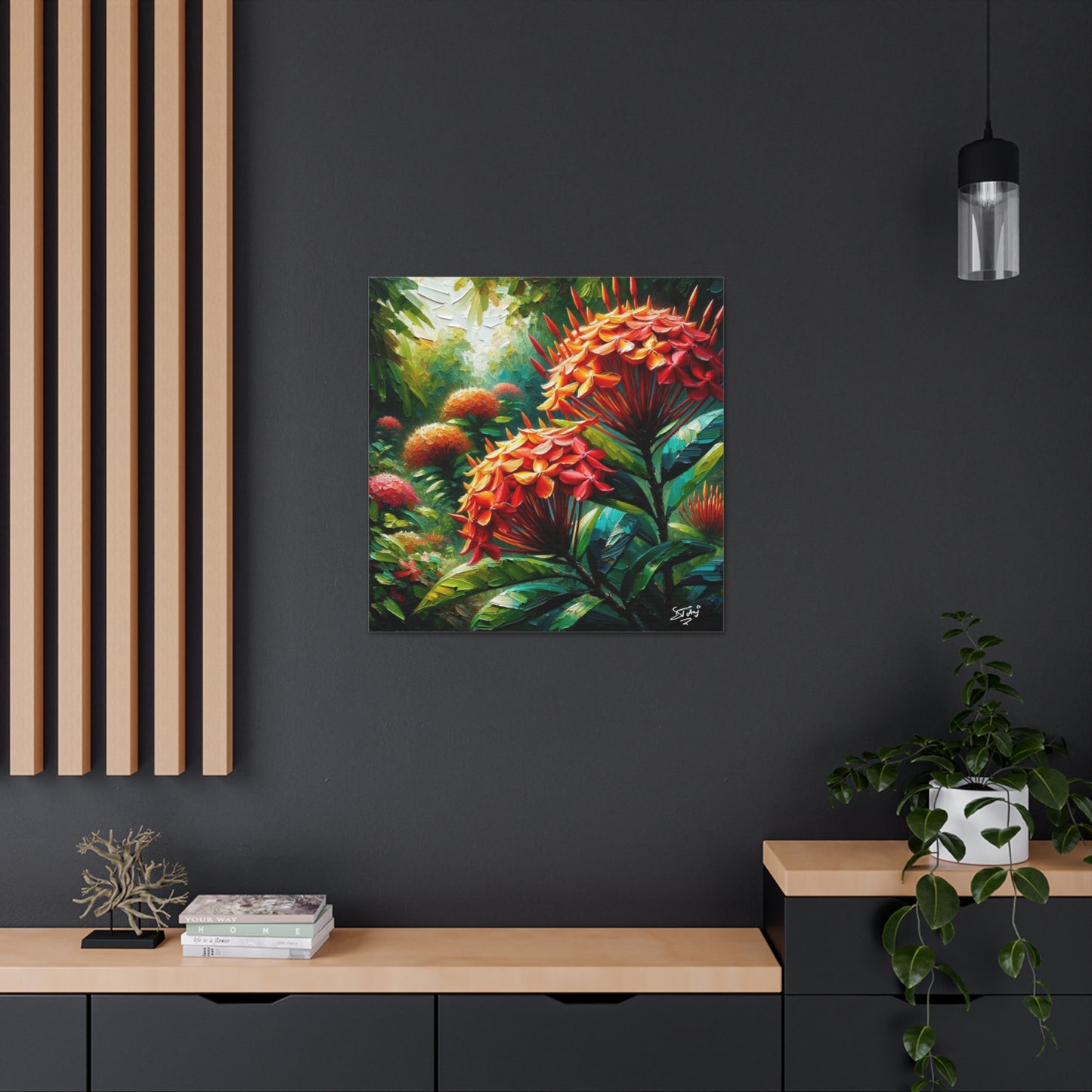 Art Print of Ixora Flowers, Oil Finish, West Indian Art, Canvas Gallery Wraps