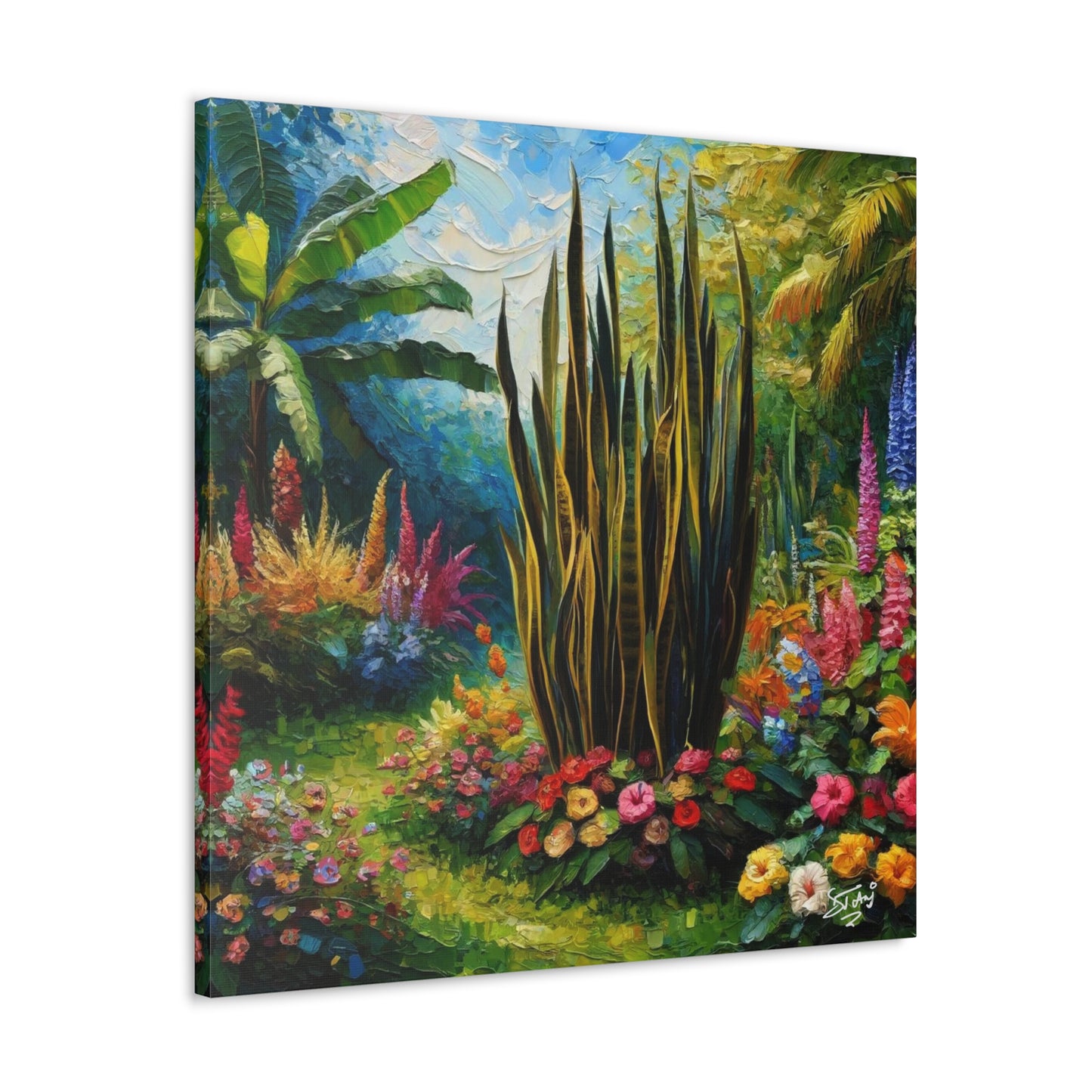 Art Print of Snake Plant in Tropical Flower Garden, Oil Finish, West Indian Art, Canvas Gallery Wraps