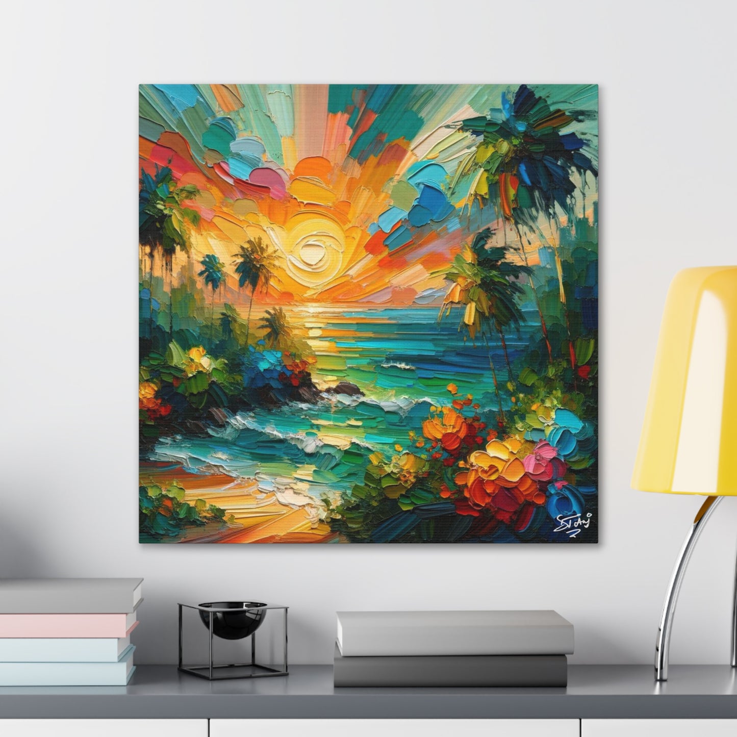 Art Print of Caribbean Sunset Scene, West Indian Art, Canvas Gallery Wraps