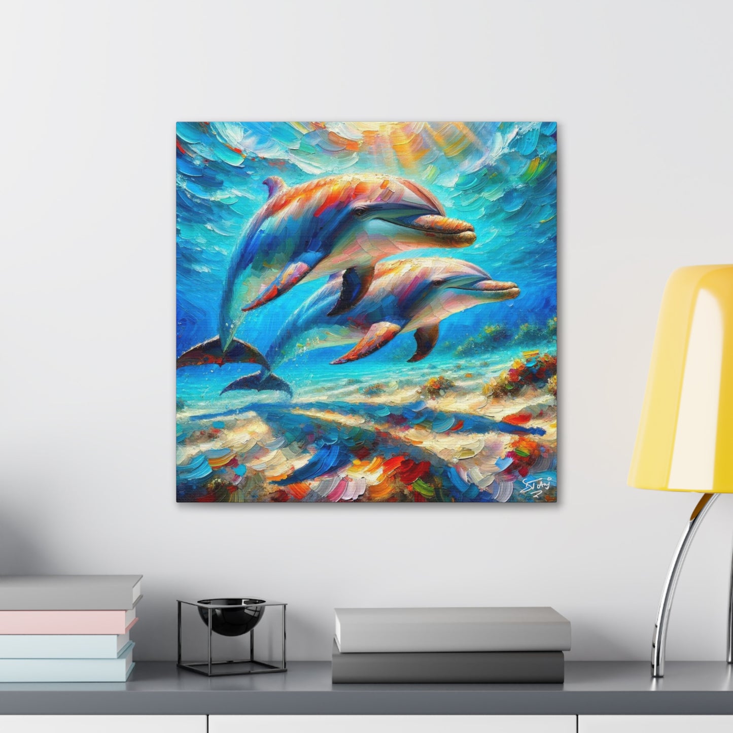 Art Print, Two Dolphins, Oil Finish, Caribbean Nature, Canvas Gallery Wrap