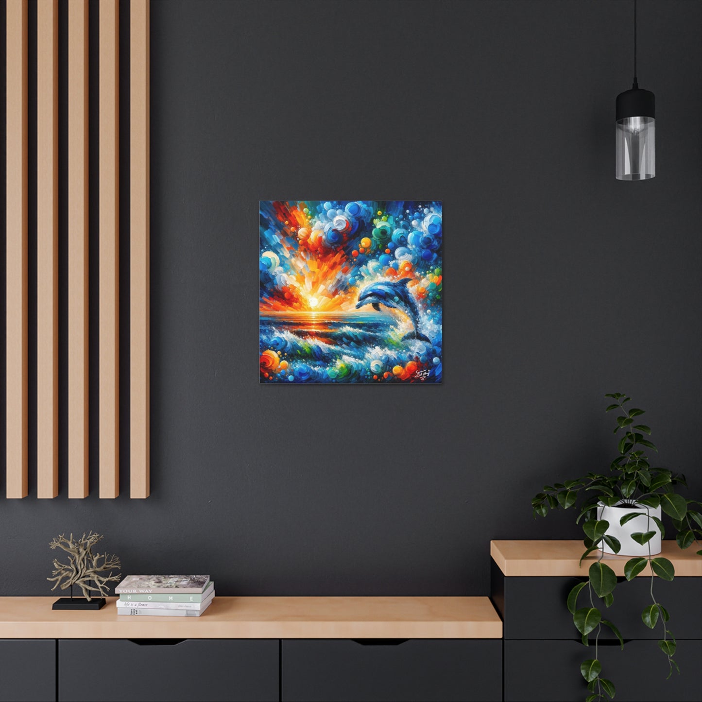 Art Print, Dolphin at Sunset, Abstract Oil Finish, Caribbean Nature, Canvas Gallery Wrap