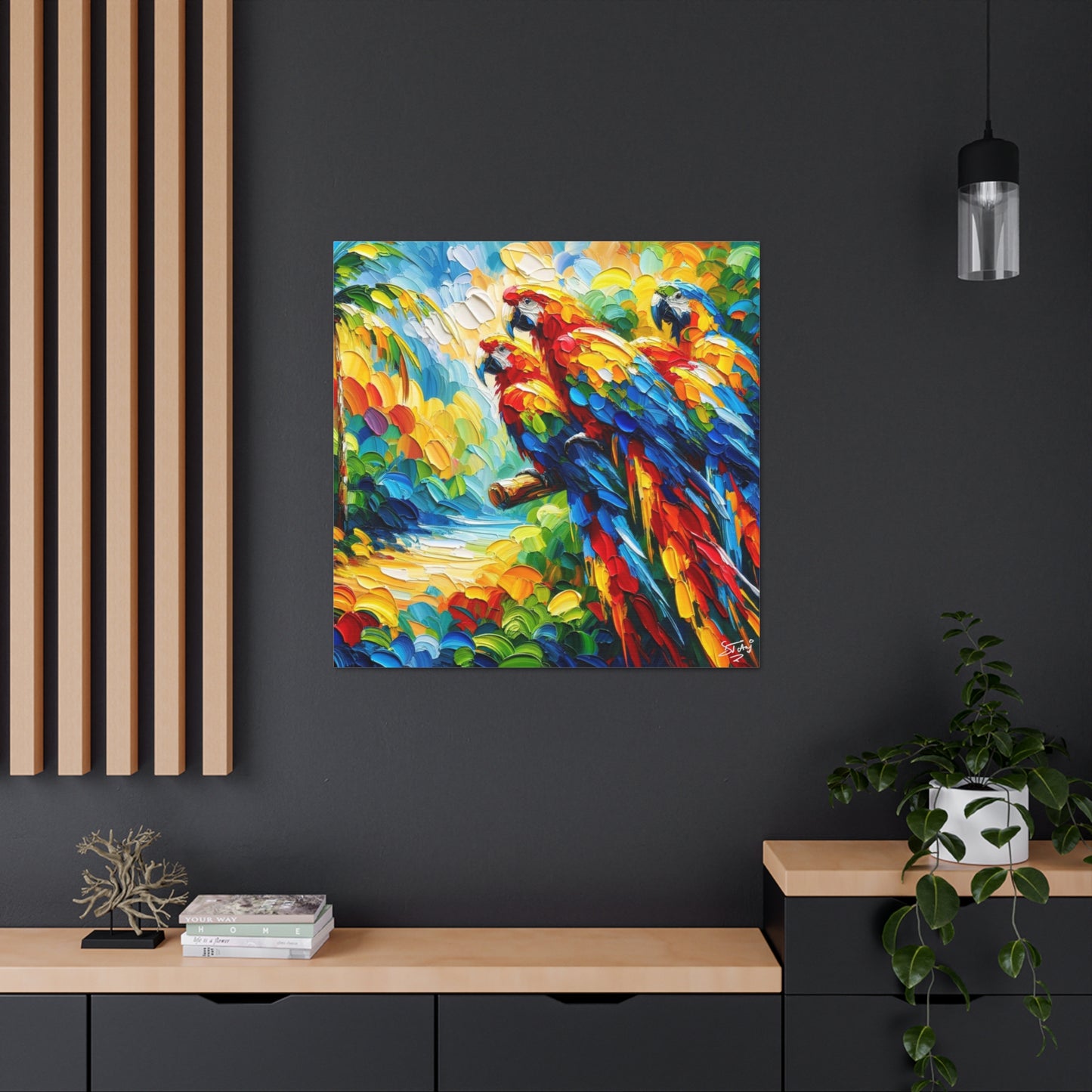 Art Print, The Parrots, Oil Finish, Caribbean Nature, Cultural, Heritage, Semi-Abstract, Canvas Gallery Wrap