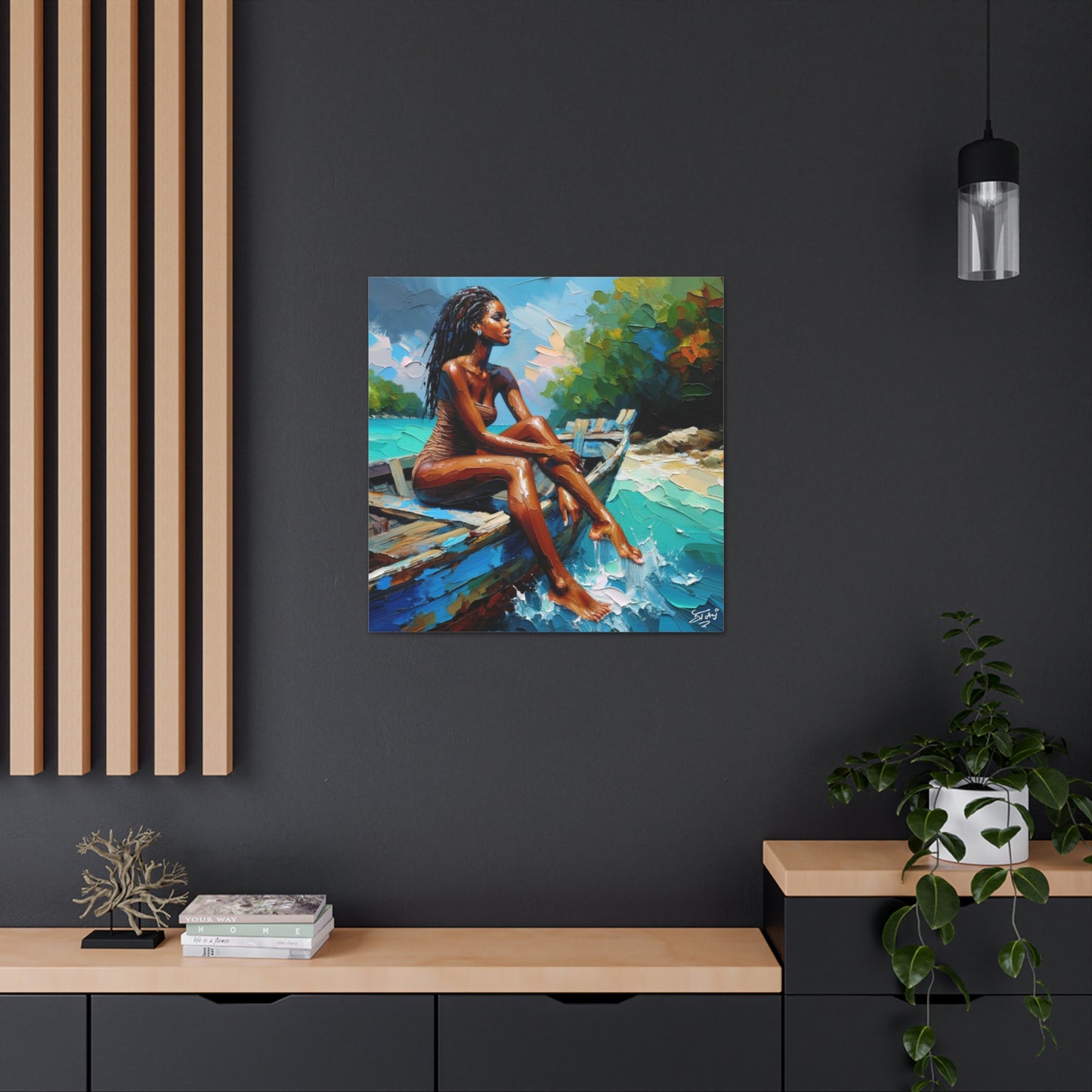 Art Print, Afro-Caribbean Woman "Chilling in the Boat (3)" Oil Finish, West Indian Ethnicity, Cultural, Heritage, Semi-Abstract, Canvas Gallery Wrap