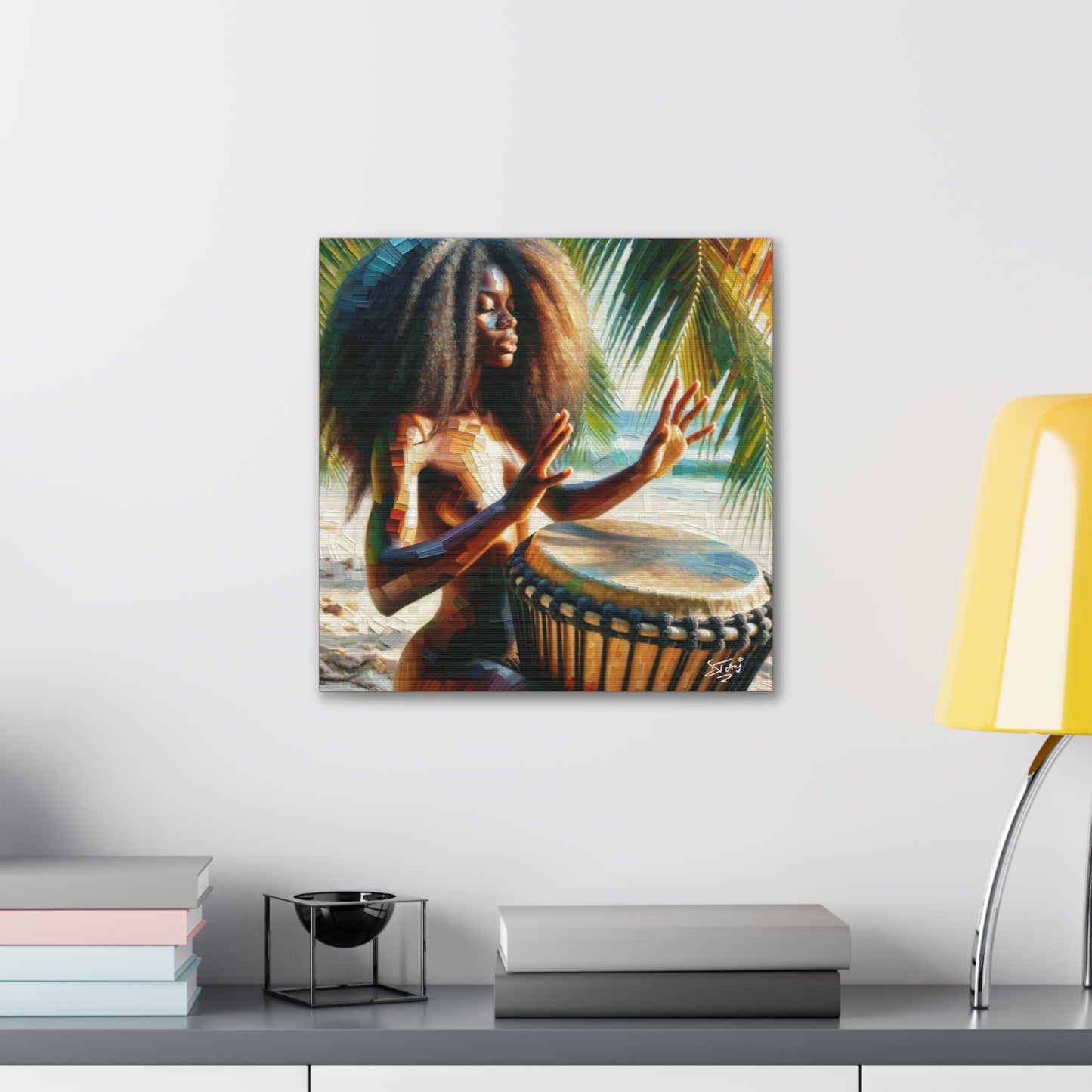 Art Print, Afro-Caribbean Woman, "Drumming" Oil Finish, West Indian Ethnicity, Cultural, Heritage, Abstract, Canvas Gallery Wrap