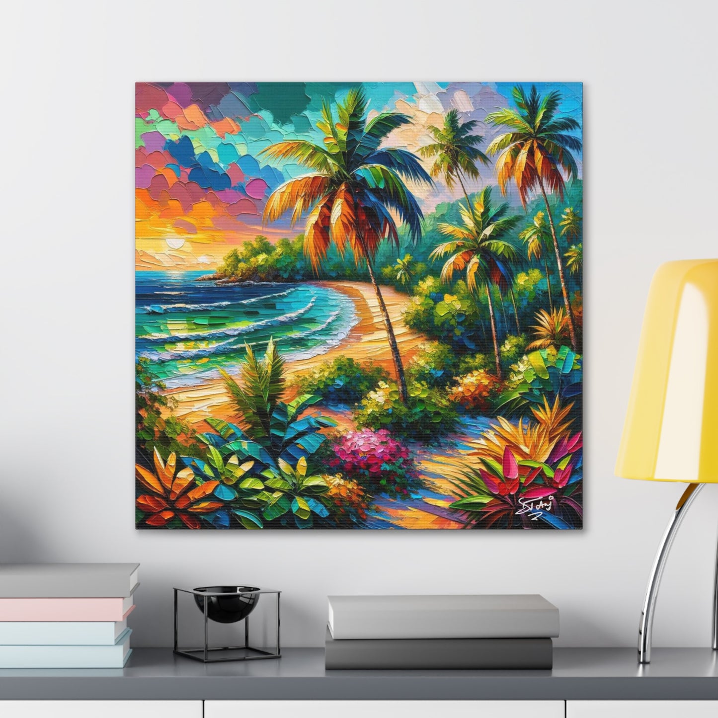 Art Print of Caribbean Beach Sunset, Semi-Abstract, Oil Painting, West Indian Art, Canvas Gallery Wraps