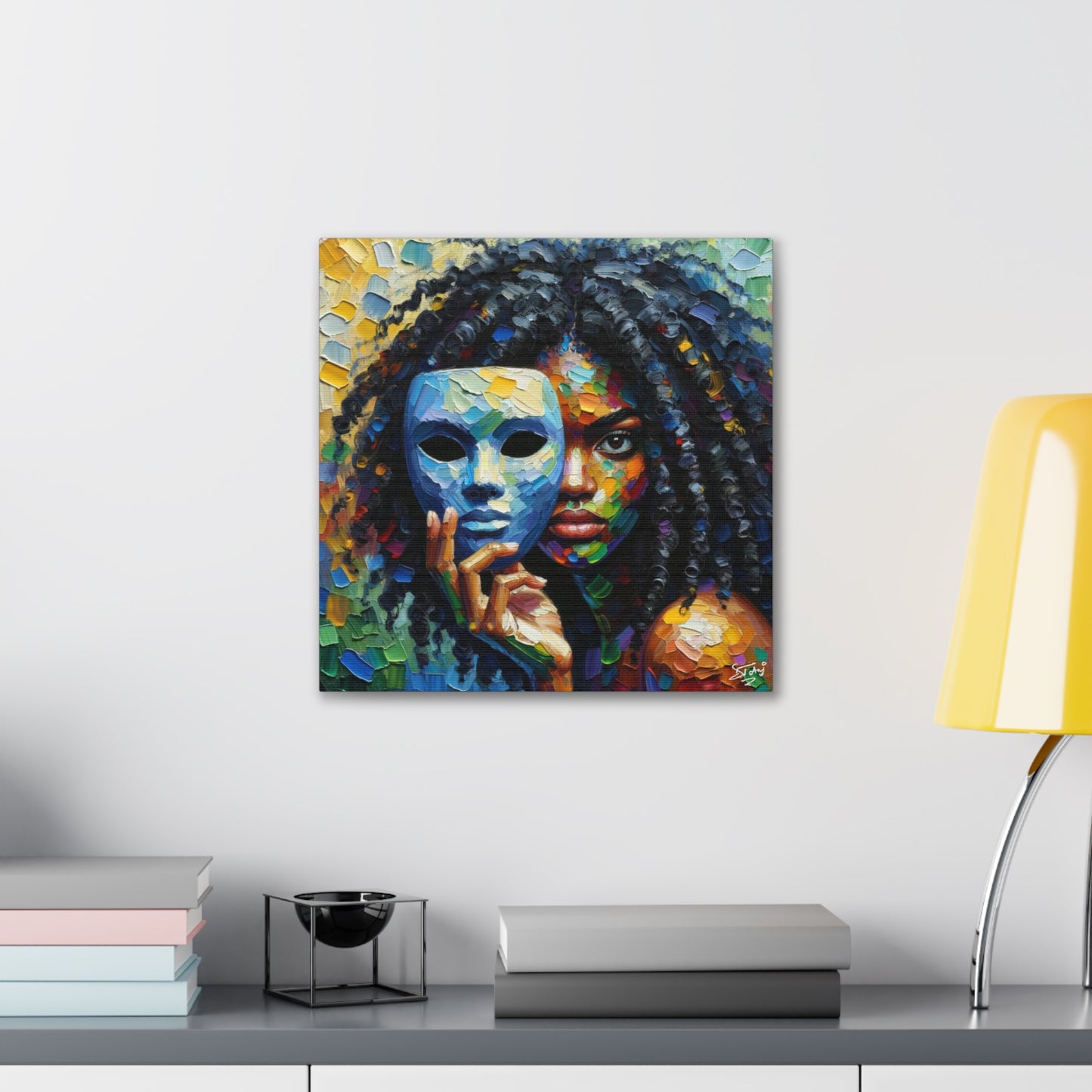 Art Print, Afro-Caribbean Woman Behind Mask, Oil Finish, West Indian Ethnicity, Cultural, Heritage, Semi-Abstract, Canvas Gallery Wrap