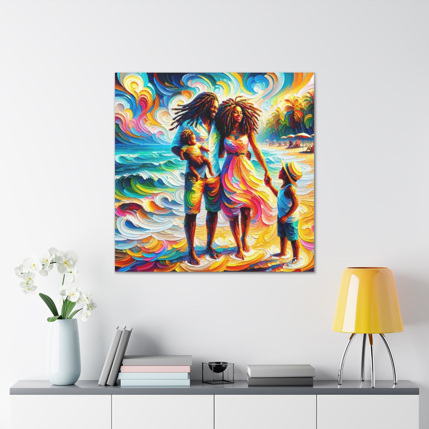 Art Print, Afro-Caribbean Family "Walking on the Beach," Oil Finish, West Indian Ethnicity, Cultural, Heritage, Semi-Abstract, Canvas Gallery Wrap