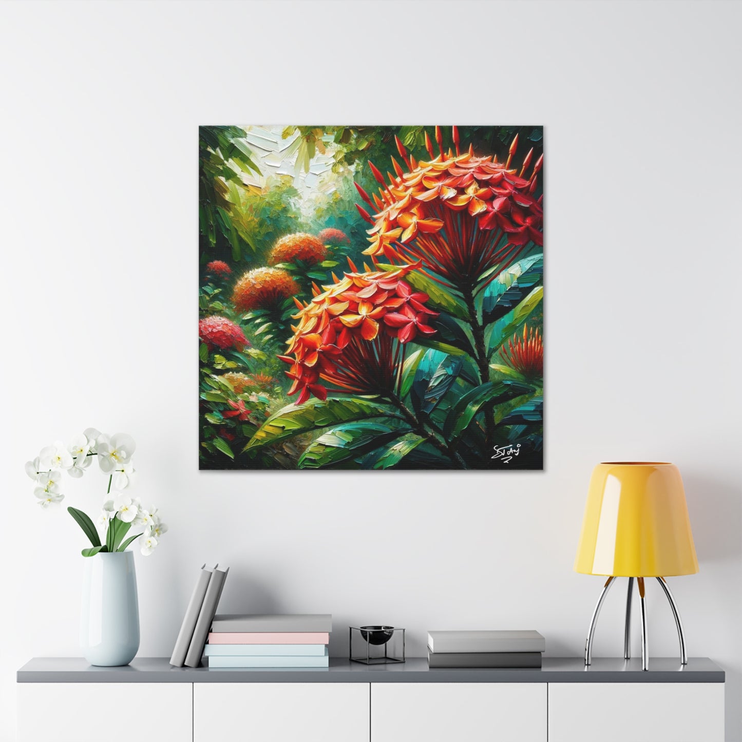 Art Print of Ixora Flowers, Oil Finish, West Indian Art, Canvas Gallery Wraps