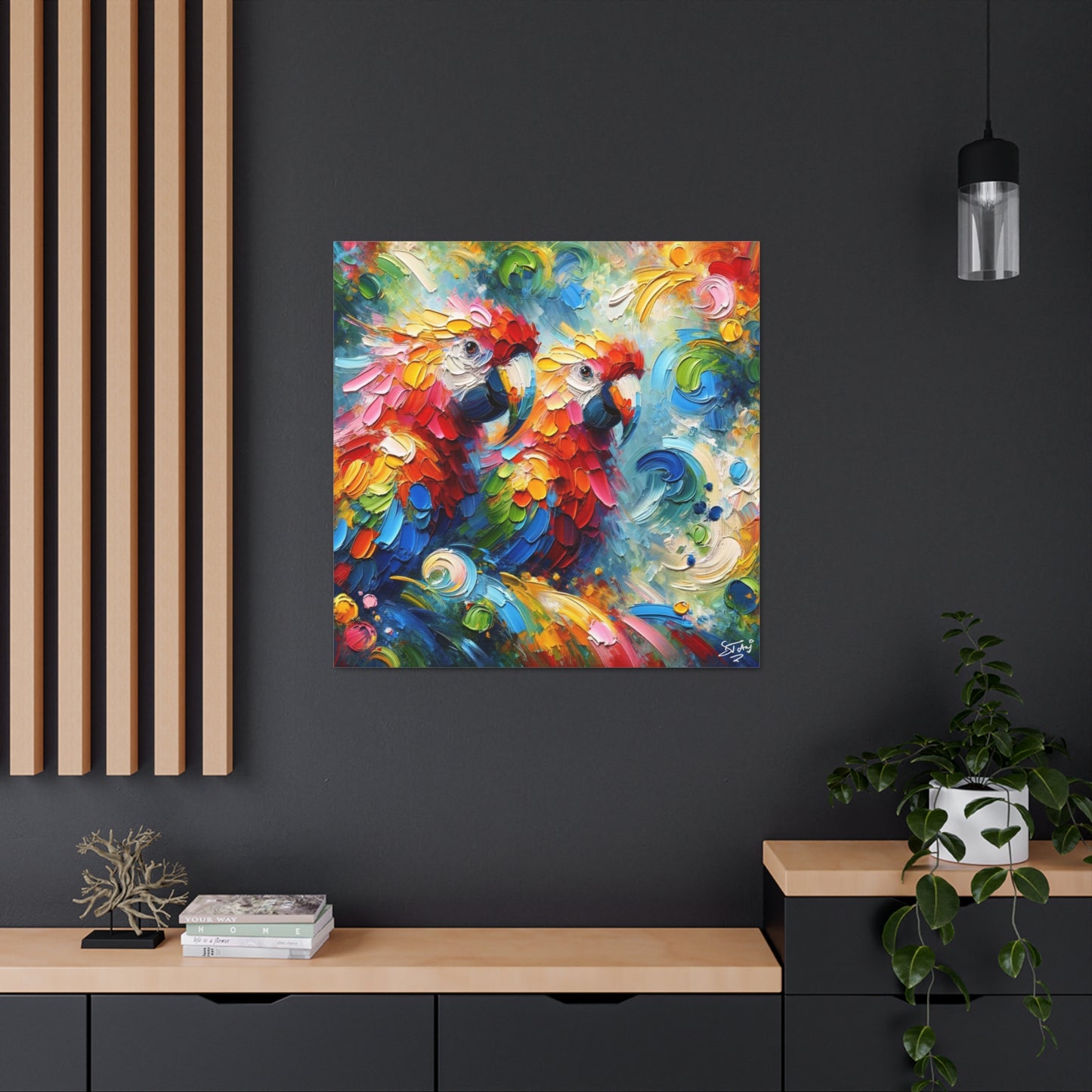 Art Print, The Parrots, Oil Finish, Caribbean Nature, Cultural, Heritage, Semi-Abstract, Canvas Gallery Wrap