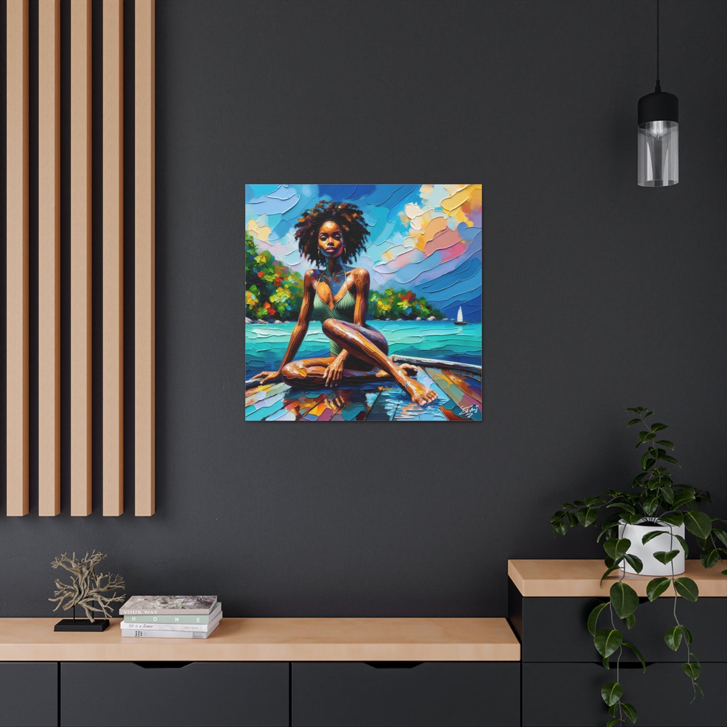 Art Print, Afro-Caribbean Woman "Chilling in the Boat" Oil Finish, West Indian Ethnicity, Cultural, Heritage, Semi-Abstract, Canvas Gallery Wrap