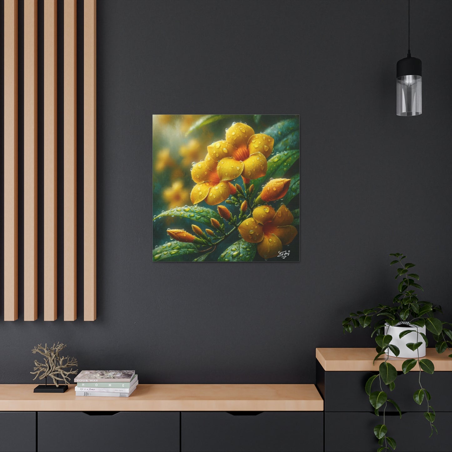 Print#2 of Yellow Allamanda Flowers in the Rain, Oil Paint Finish, Caribbean, Tropical, Canvas Gallery Wraps