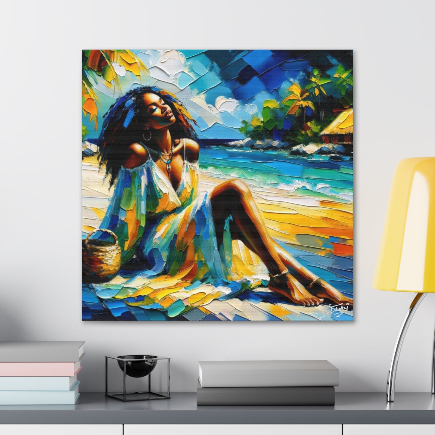 Art Print, Afro-Caribbean Woman, "Relaxing" Oil Finish, West Indian Ethnicity, Cultural, Heritage, Abstract, Canvas Gallery Wrap