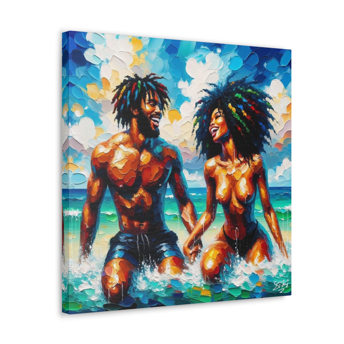 Art Print, Afro-Caribbean Couple in the Ocean, Oil Finish, West Indian Ethnicity, Cultural, Heritage, Semi-Abstract, Canvas Gallery Wrap