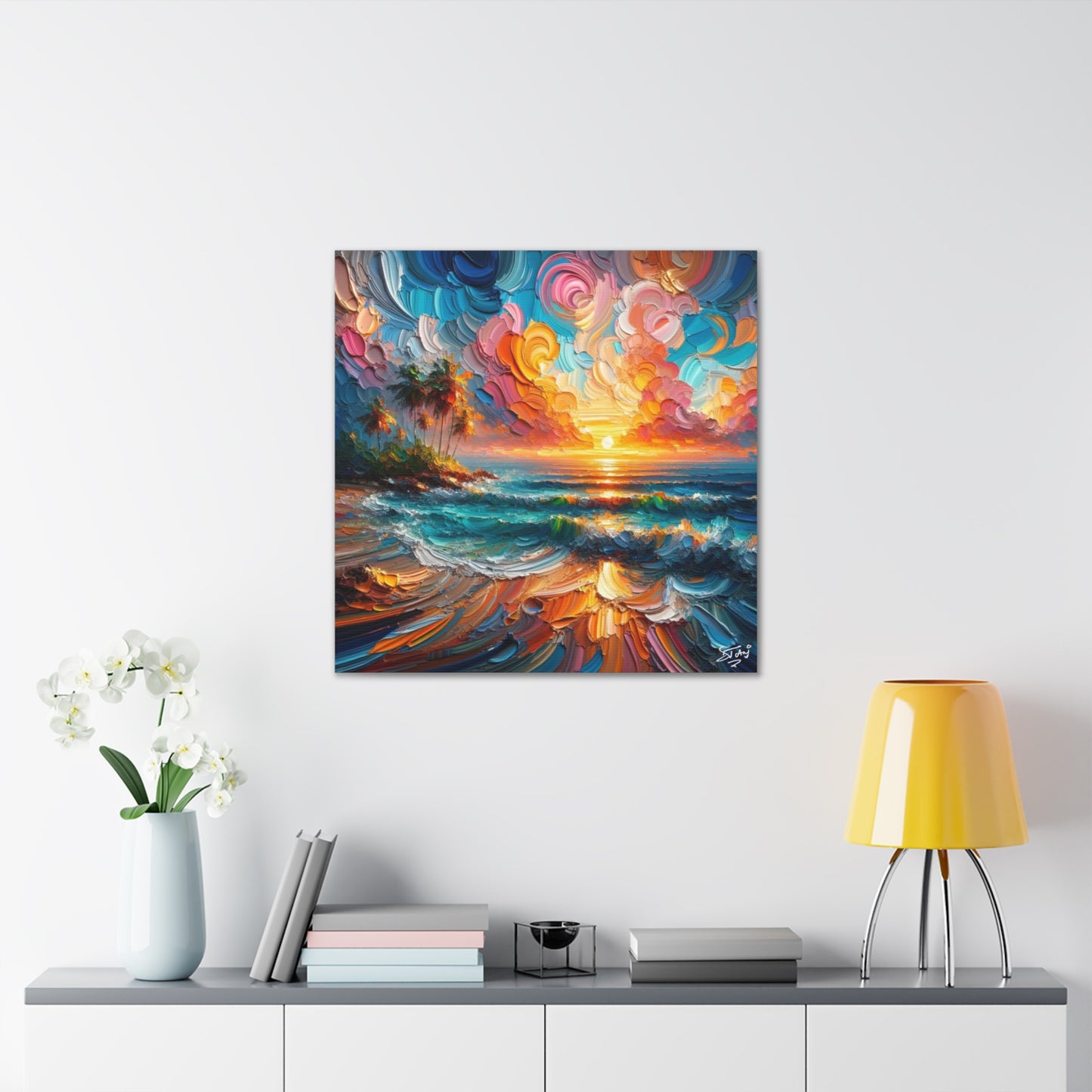 Art Print of Caribbean Sunset Scene, Semi-Abstract, Oil Painting, West Indian Art, Canvas Gallery Wraps