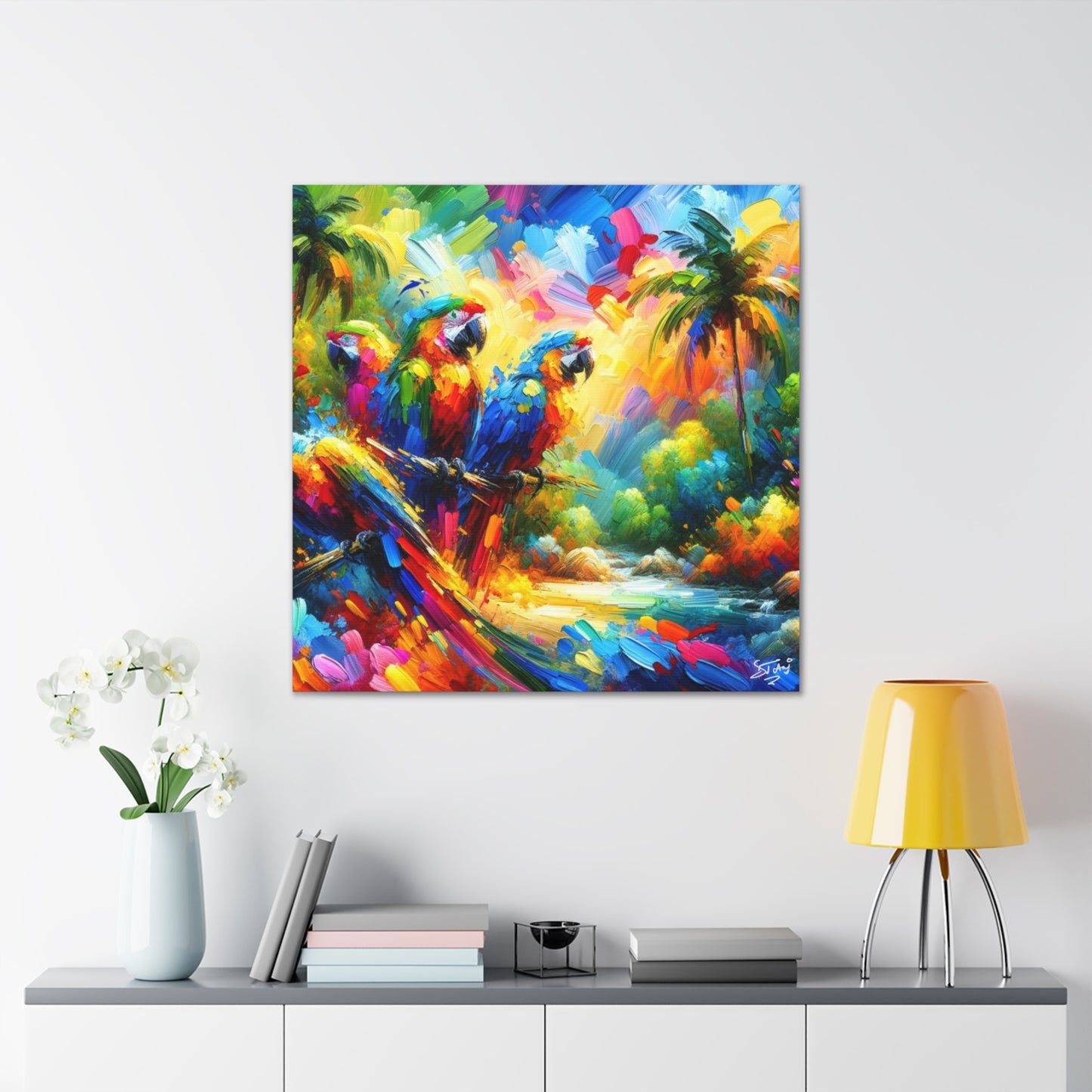 Art Print, The Parrots, Oil Finish, Caribbean Nature, Cultural, Heritage, Semi-Abstract, Canvas Gallery Wrap