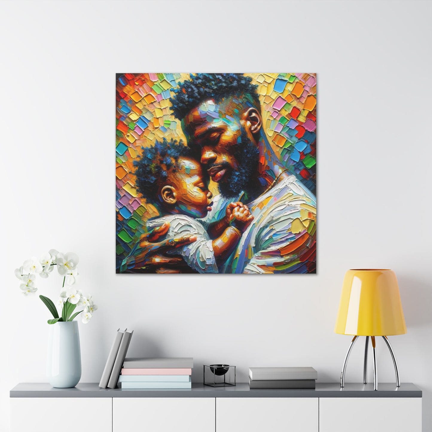 Art Print, Father & Son, Afro-Caribbean Man, Oil Finish, West Indian Ethnicity, Cultural, Heritage, Semi-Abstract, Canvas Gallery Wrap