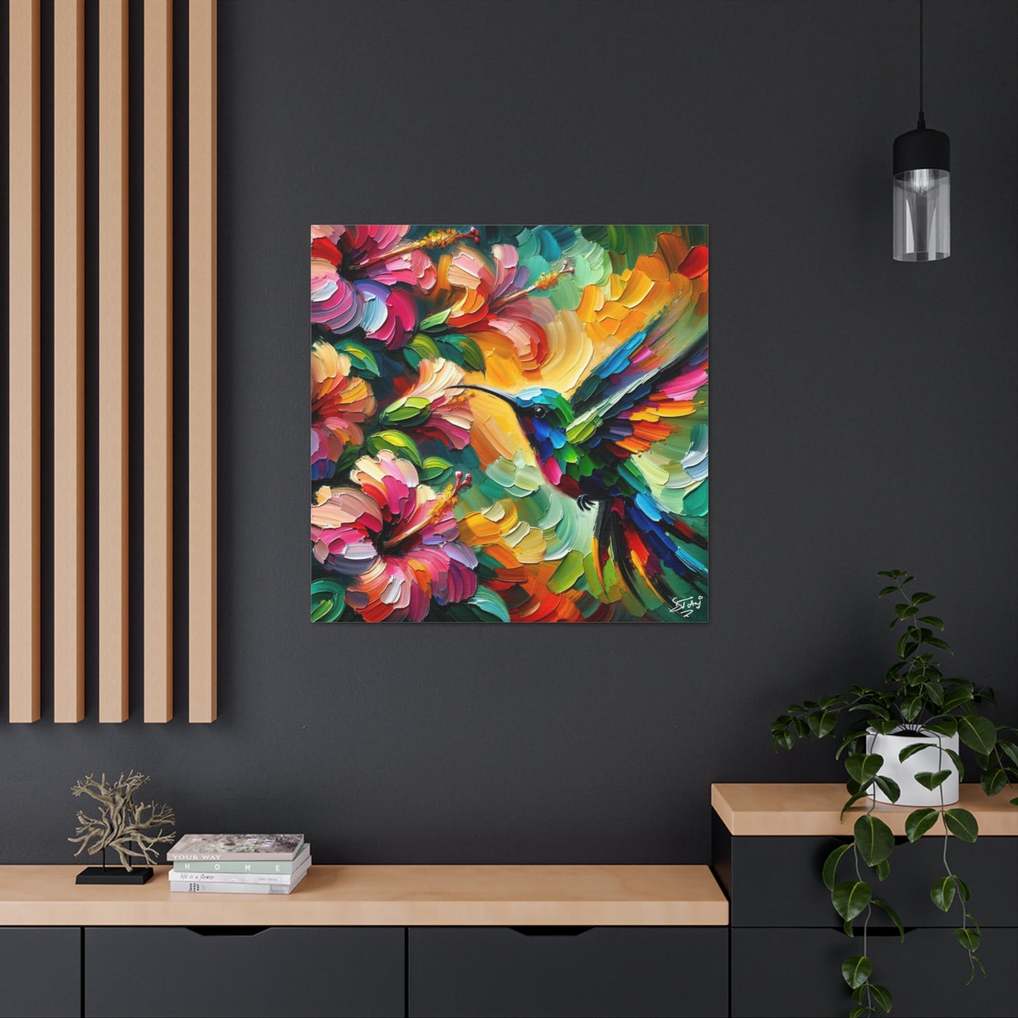 Art Print, Hummingbird on Hibiscus, Oil Finish, Caribbean Nature, Cultural, Heritage, Semi-Abstract, Canvas Gallery Wrap