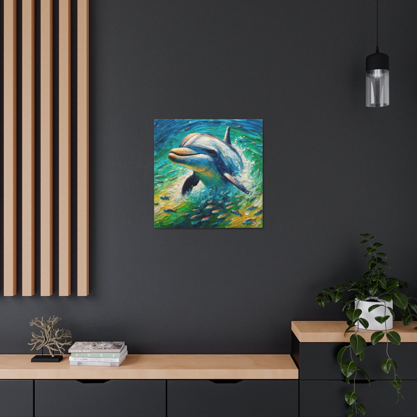 Art Print, Dolphin in the Caribbean Sea, Oil Finish, Caribbean Nature, Canvas Gallery Wrap